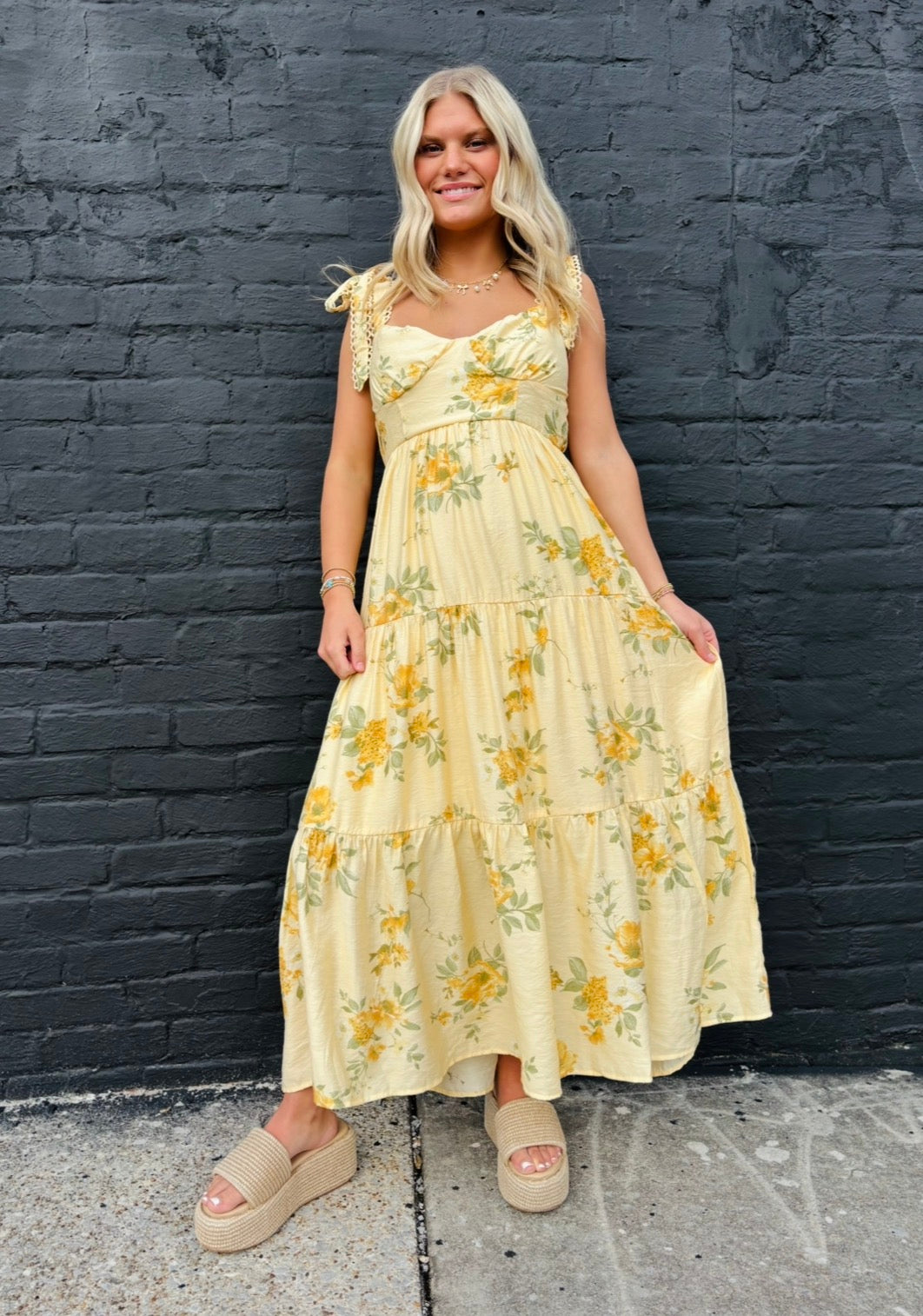FLORAL TIE STRAP WITH SCALLOP LACE TRIM MIDI DRESS : BUTTER YELLOW MUL BETWEEN THE VINES FLORAL TIE STRAP WITH SCALLOP LACE TRIM MIDI DRESS : BUTTER YELLOW MUL BETWEEN THE VINES