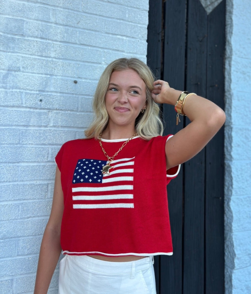 RED FLAG SLEEVELESS GRAPHIC KNIT TOP