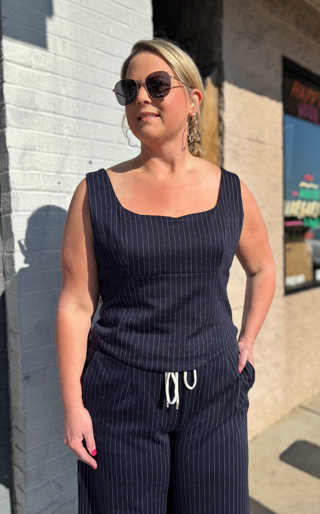 NAVY WHITE Sleeveless Pinstripe Square Neck Fitted Top