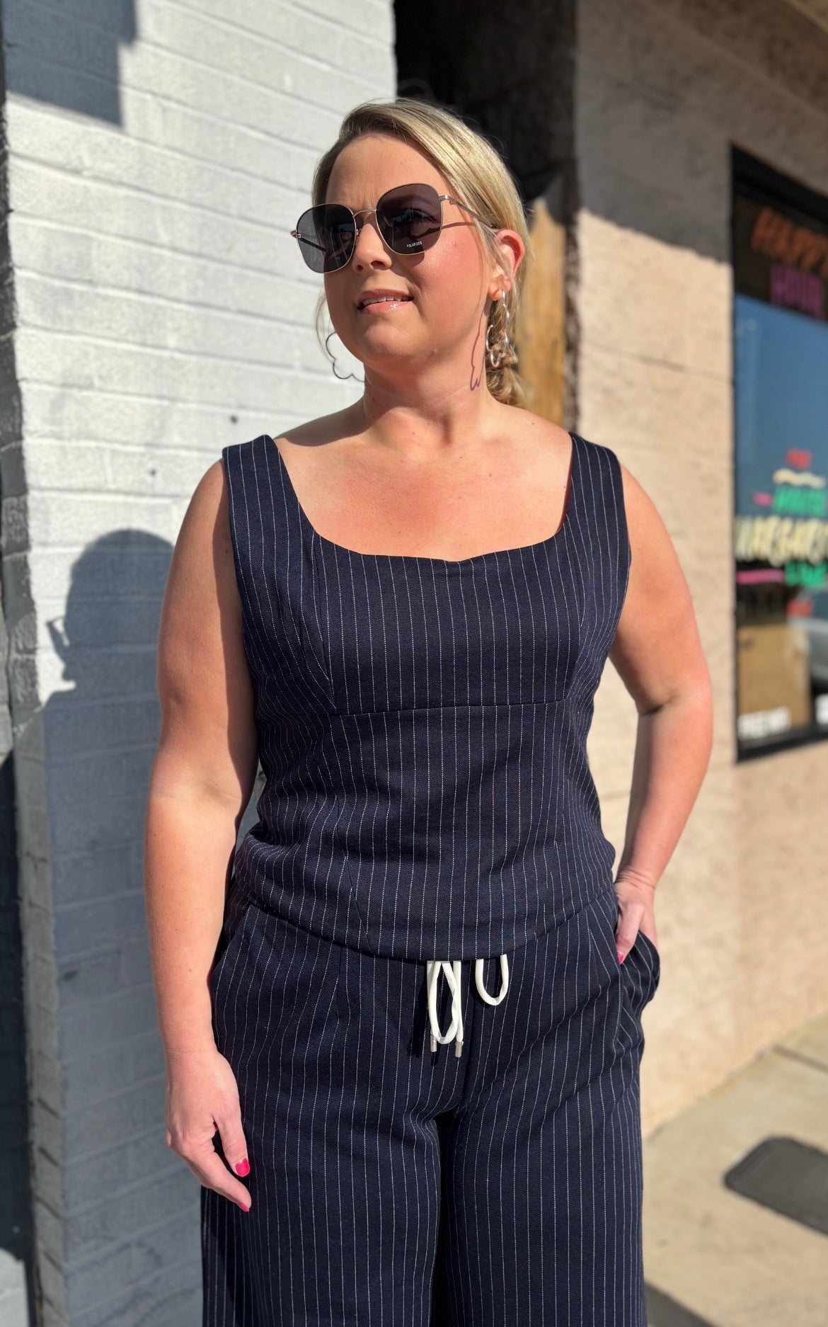 NAVY WHITE Sleeveless Pinstripe Square Neck Fitted Top