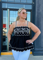 BLACK/IVORY Embroidered Top with Contrast Detail