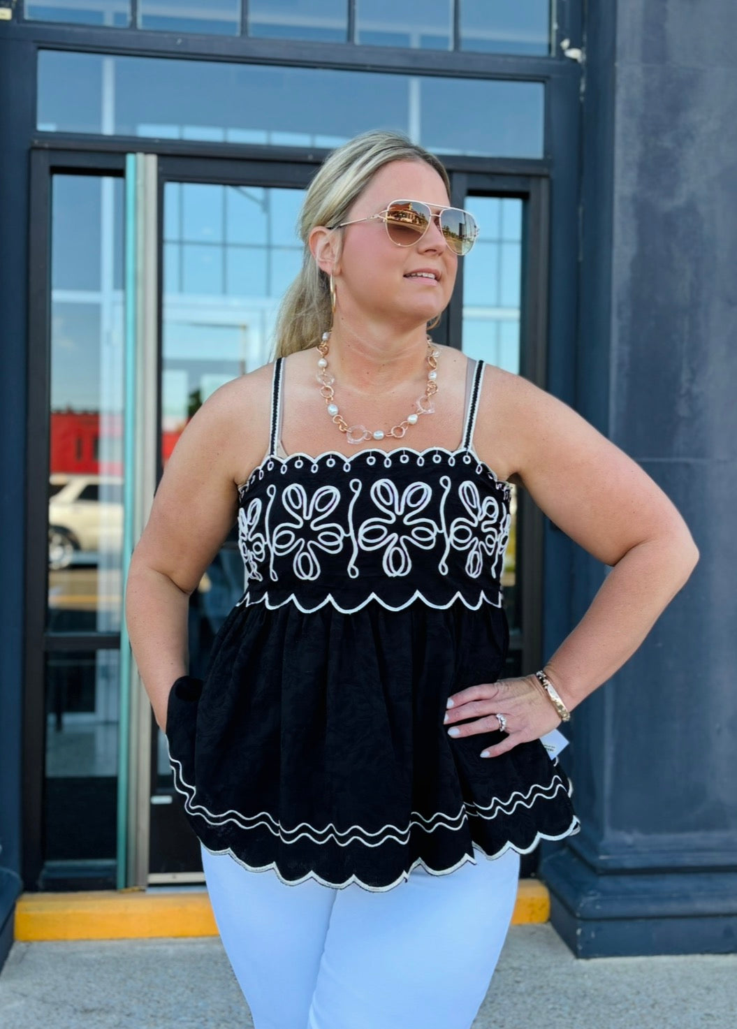 BLACK/IVORY Embroidered Top with Contrast Detail
