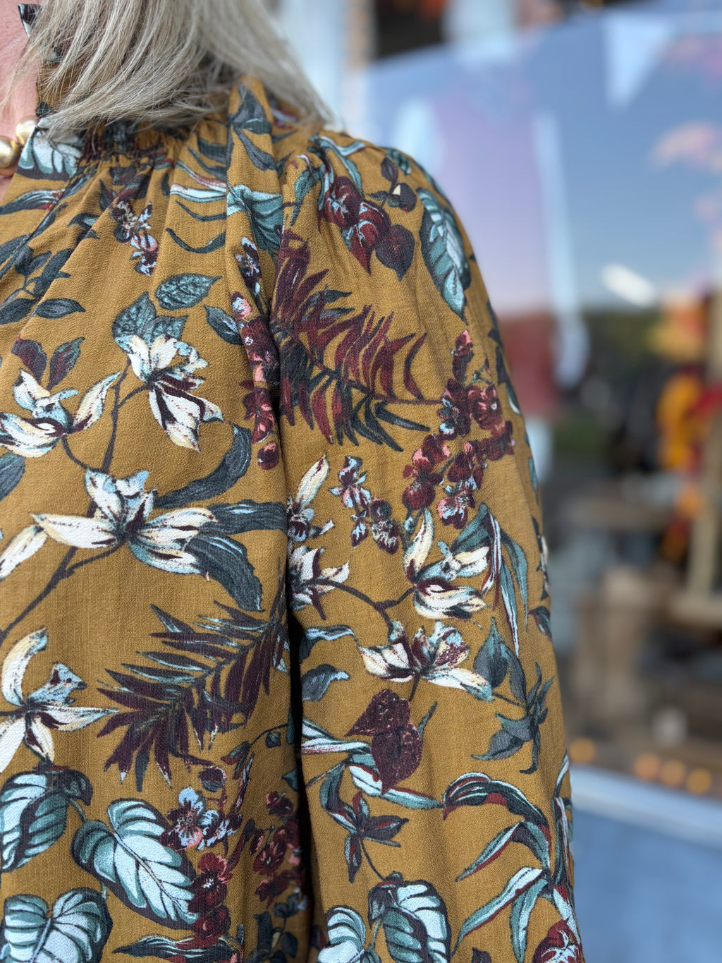 Floral Vine Print Blouse in Dark Mustard Multi – ODDI – view 3