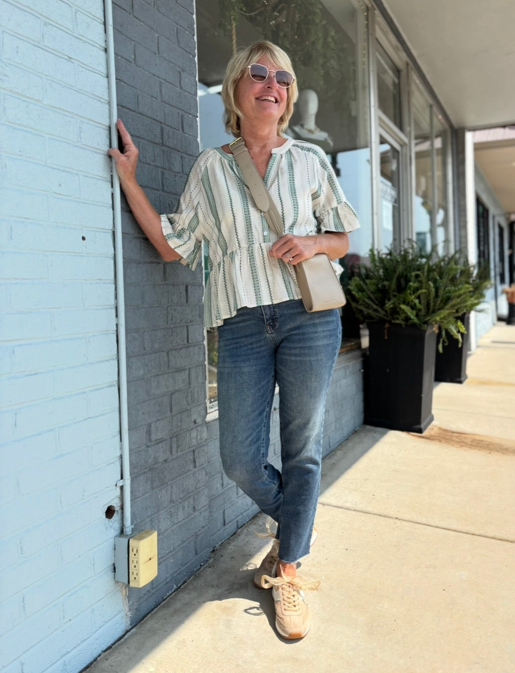 Green Striped Half Bell Sleeve Blouse Top