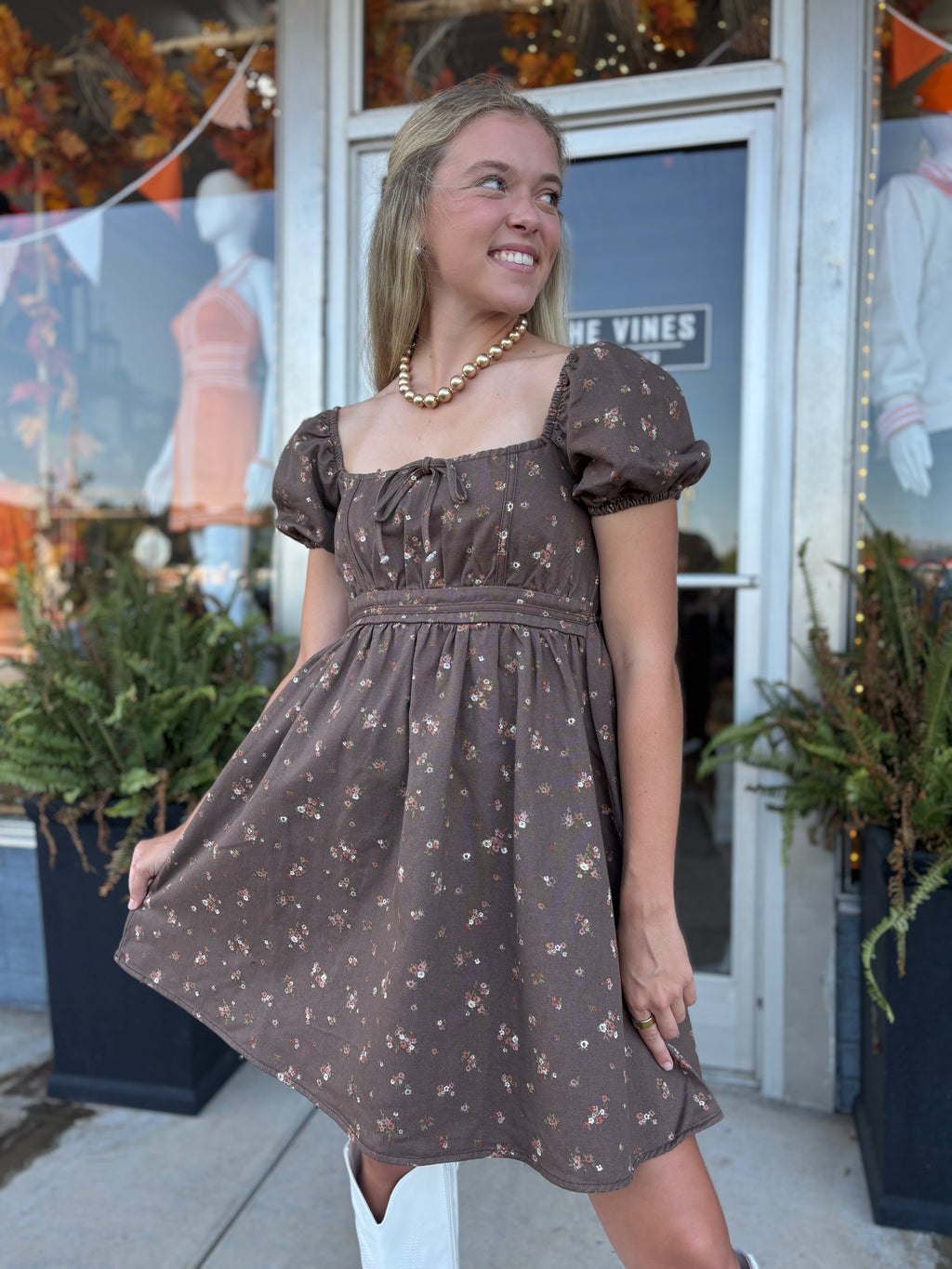 BROWN DITSY FLORAL PUFF SLEEVE SQUARE NECK MINI DRESS