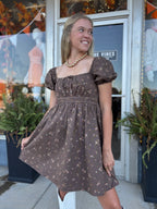 BROWN DITSY FLORAL PUFF SLEEVE SQUARE NECK MINI DRESS