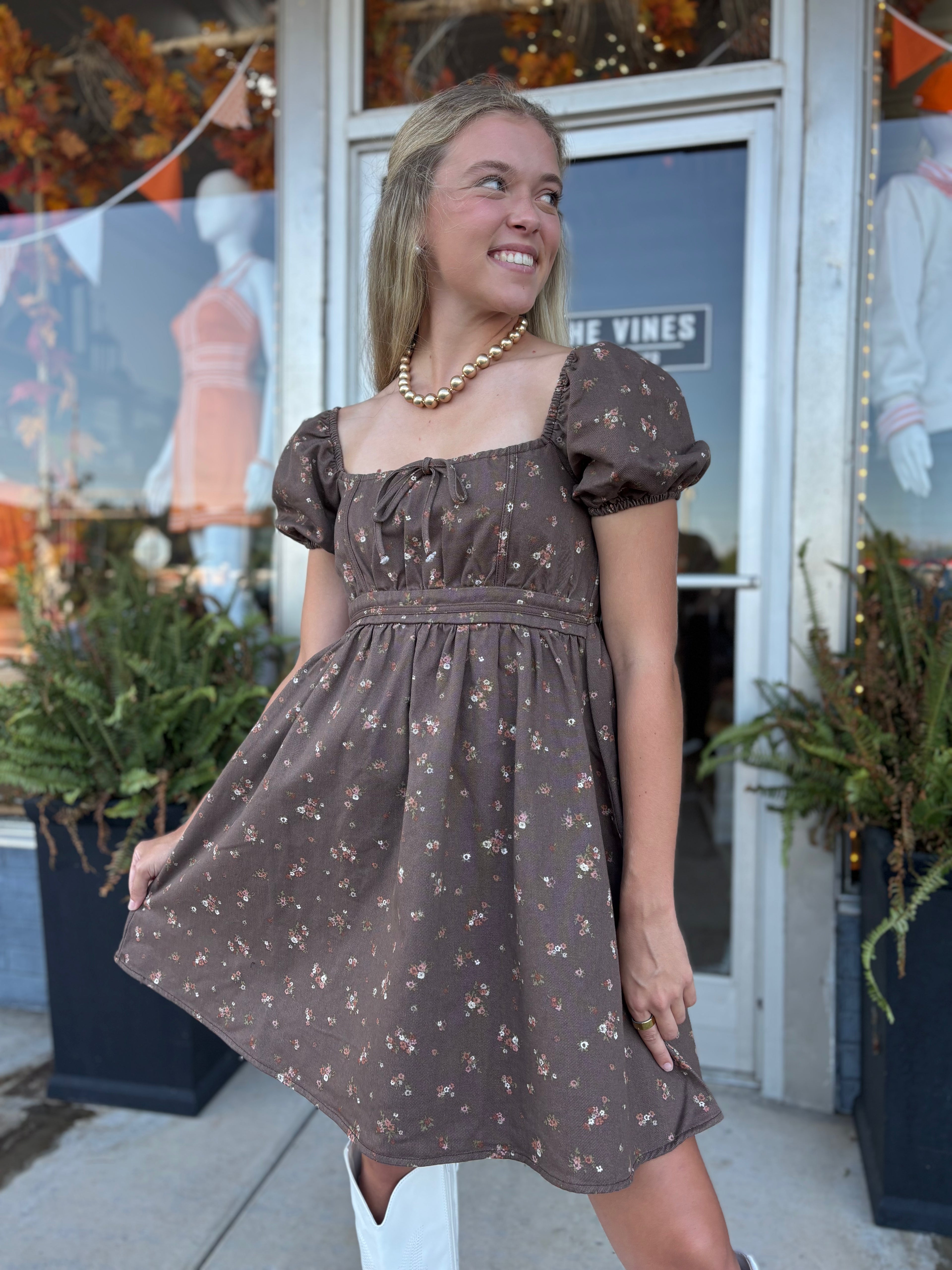 BROWN DITSY FLORAL PUFF SLEEVE SQUARE NECK MINI DRESS