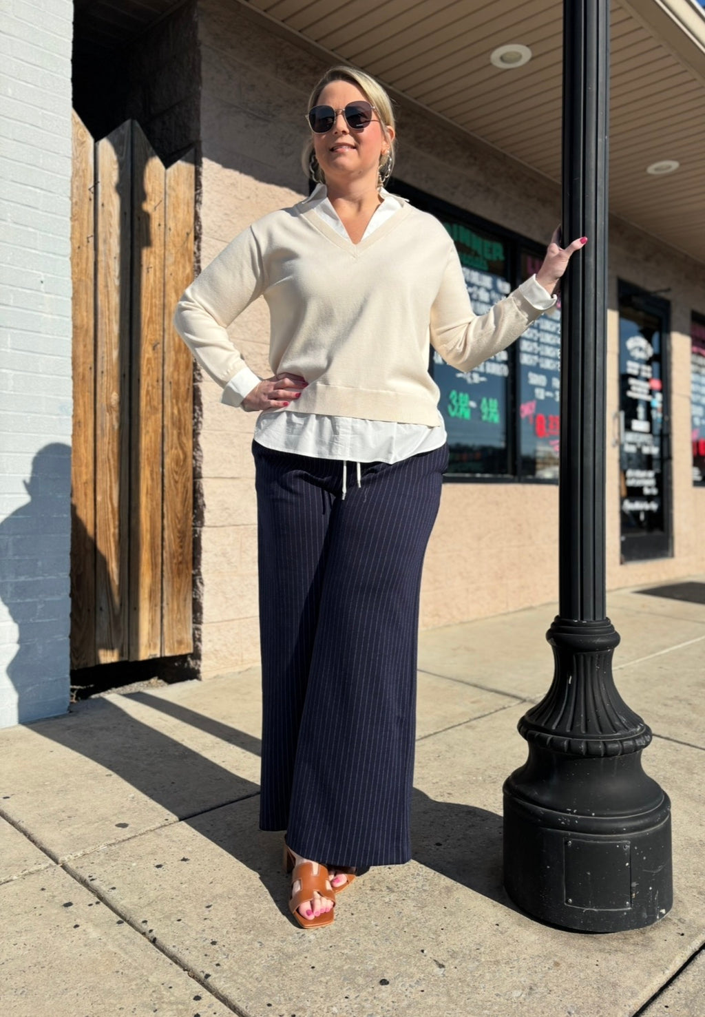 IVORY WHITE MIXED SHIRT LAYERED SWEATER