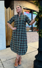 BROWN GEOMECTRIC MIDI DRESS