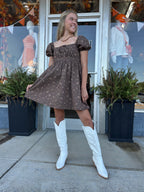BROWN DITSY FLORAL PUFF SLEEVE SQUARE NECK MINI DRESS