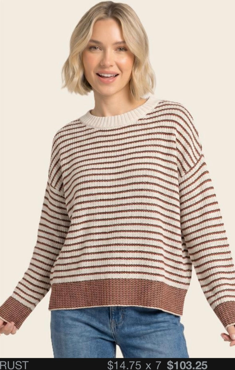 RUST STRIPED CREWNECK SWEATER