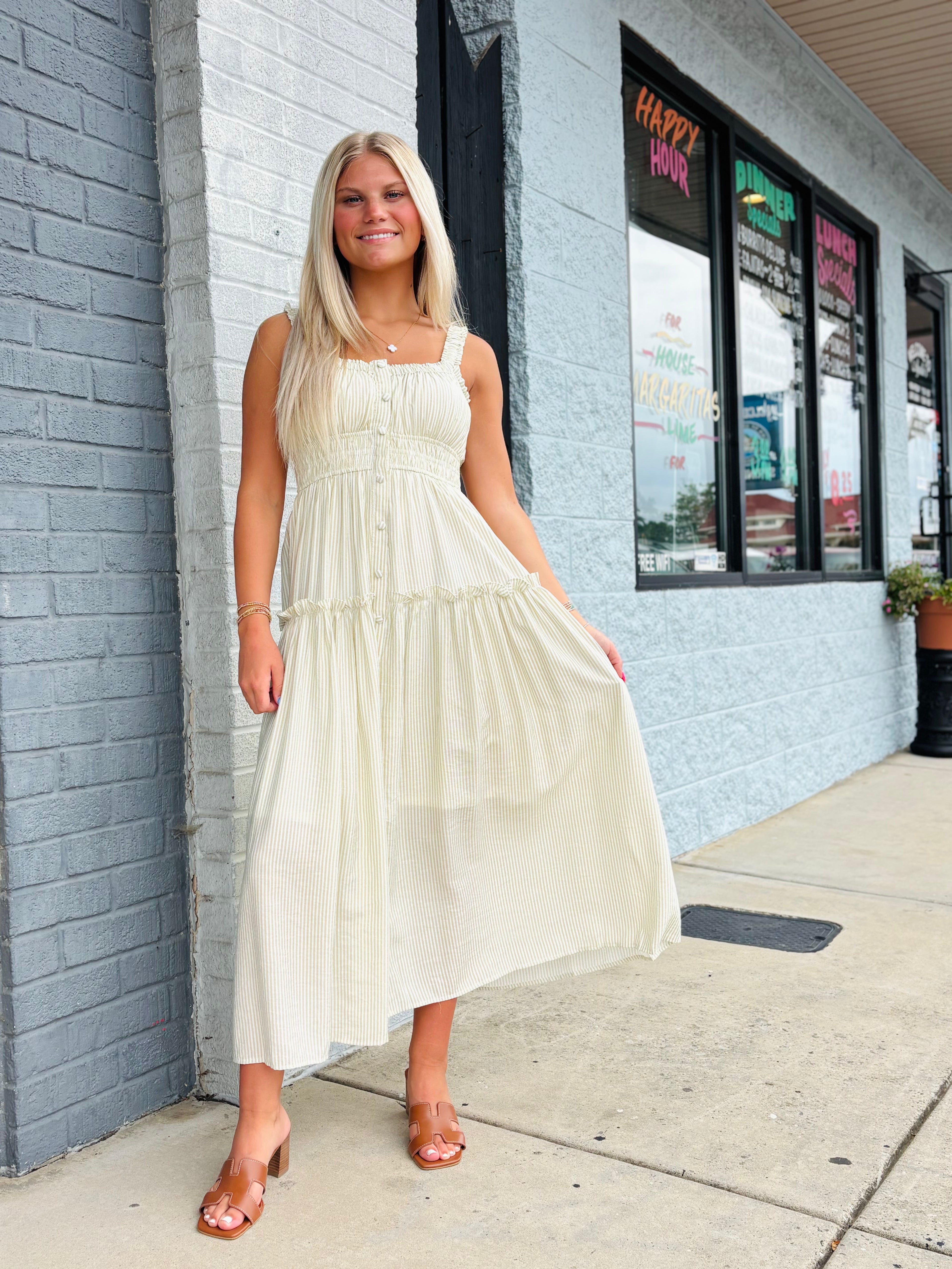 Light Olive Stripe Mock Button Sleeveless Midi Sundress