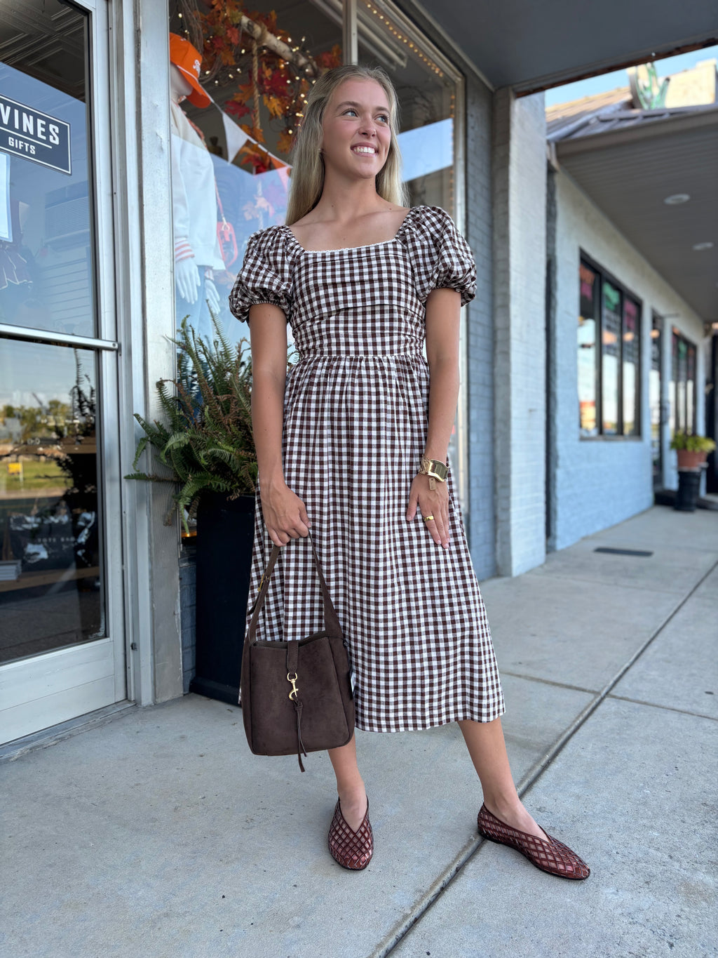 Brown GINGHAM LACE TRIM PUFF SLEEVES LINED MIDI DRESS