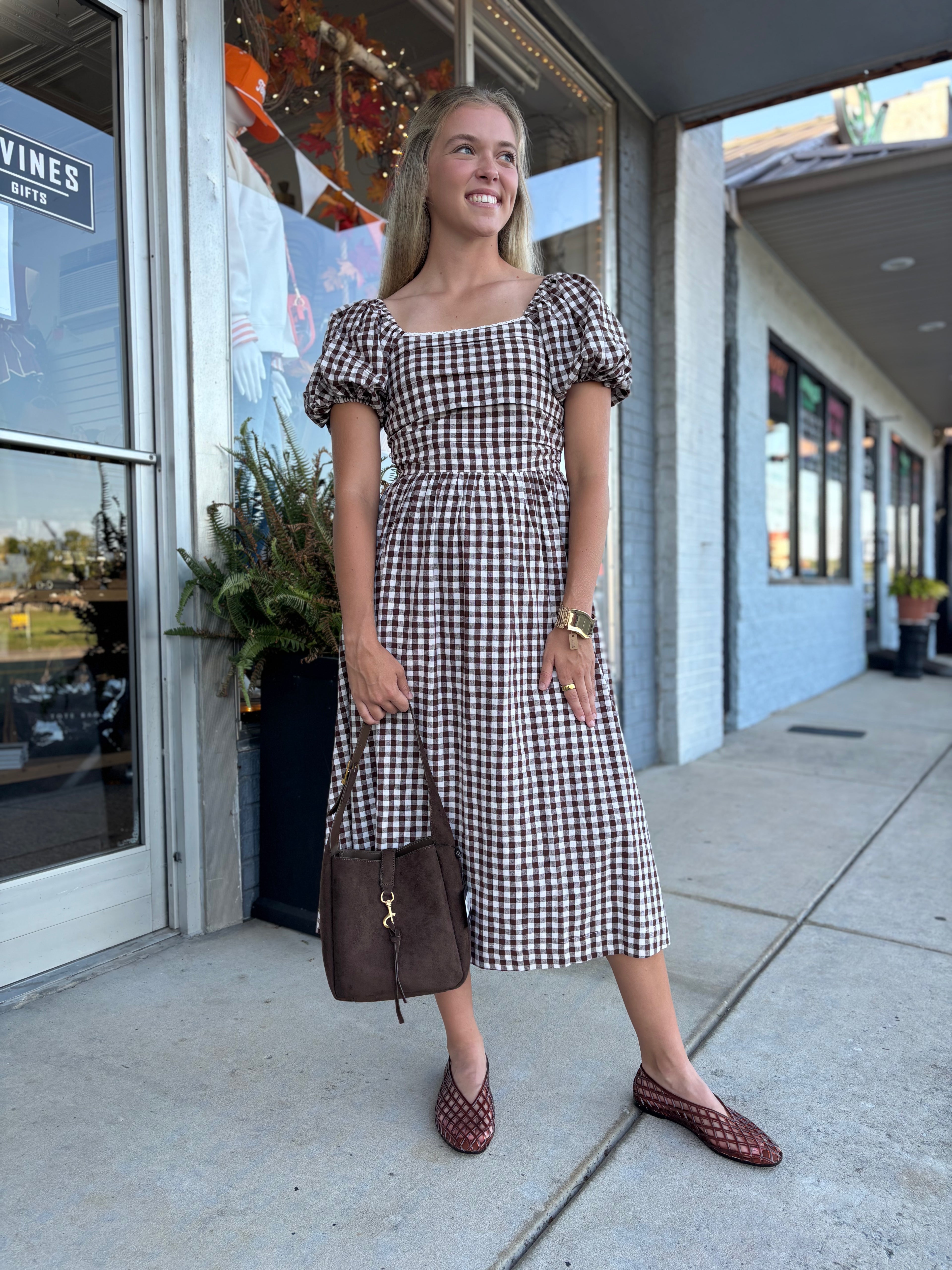 Brown GINGHAM LACE TRIM PUFF SLEEVES LINED MIDI DRESS