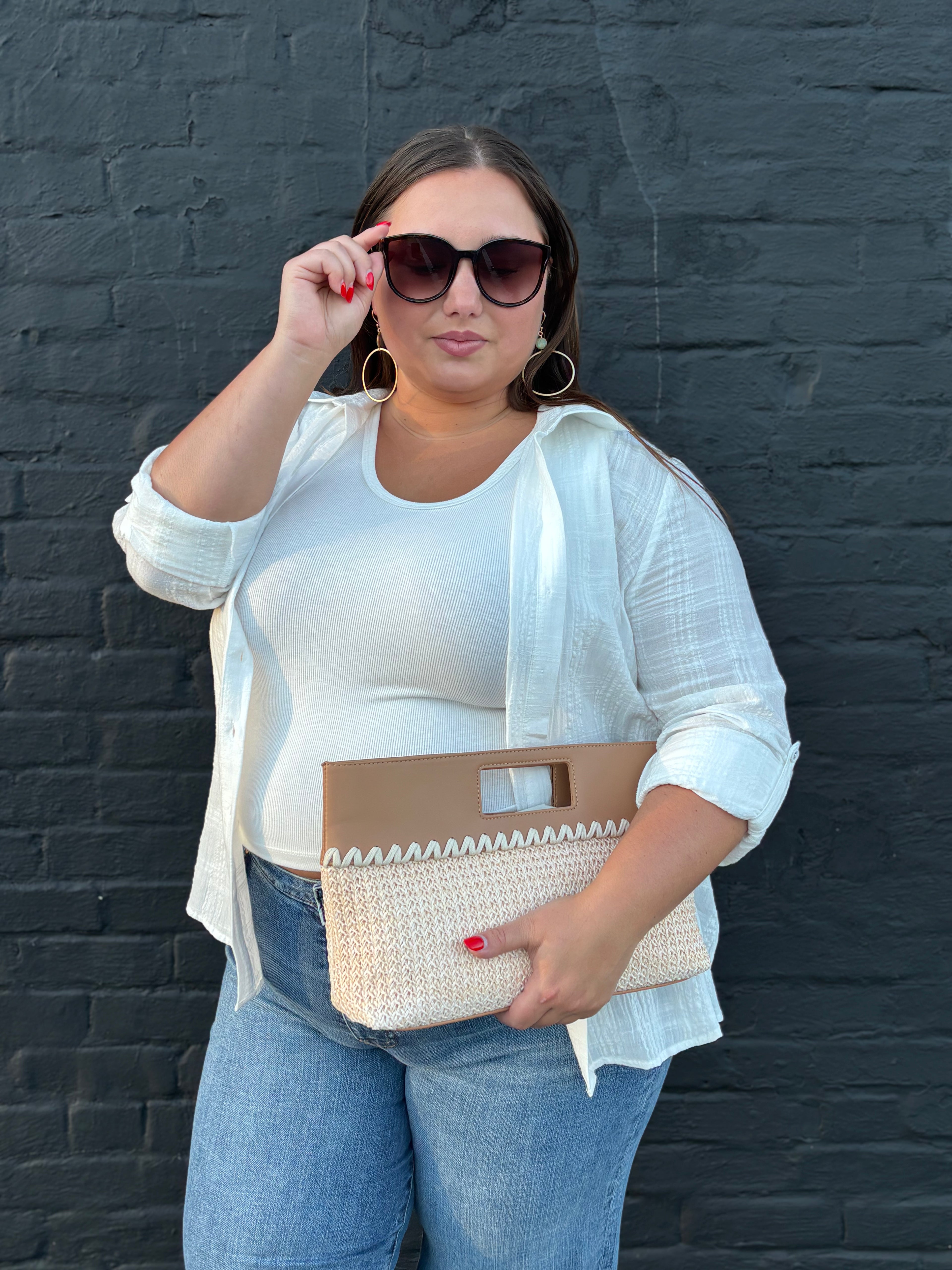 Puckered Long Sleeve Button Down Blouse: White