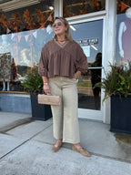 Brown V-Neck Blouse w/Stitching details – ENTRO – view 2