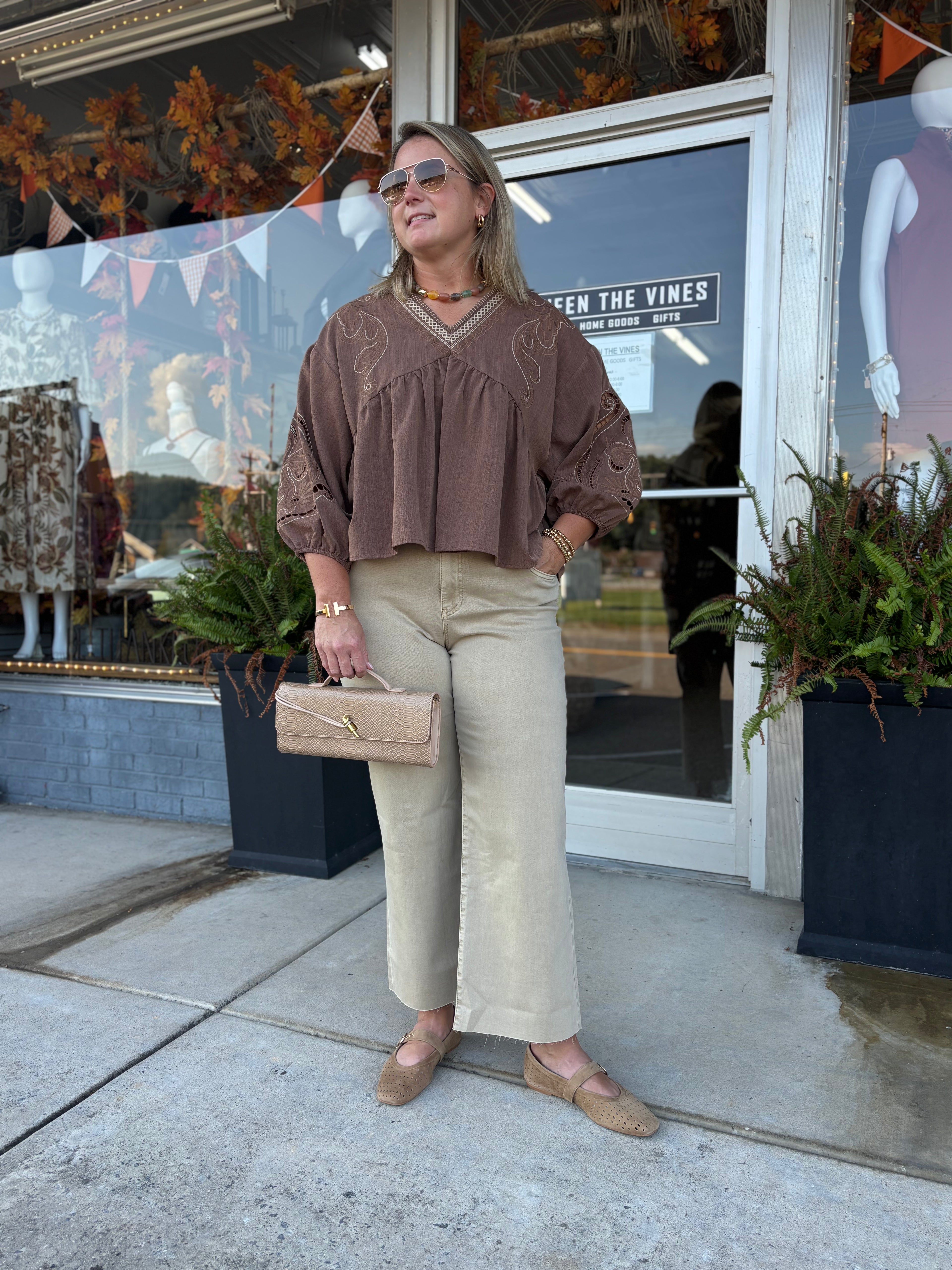 Brown V-Neck Blouse w/Stitching details – ENTRO – view 2