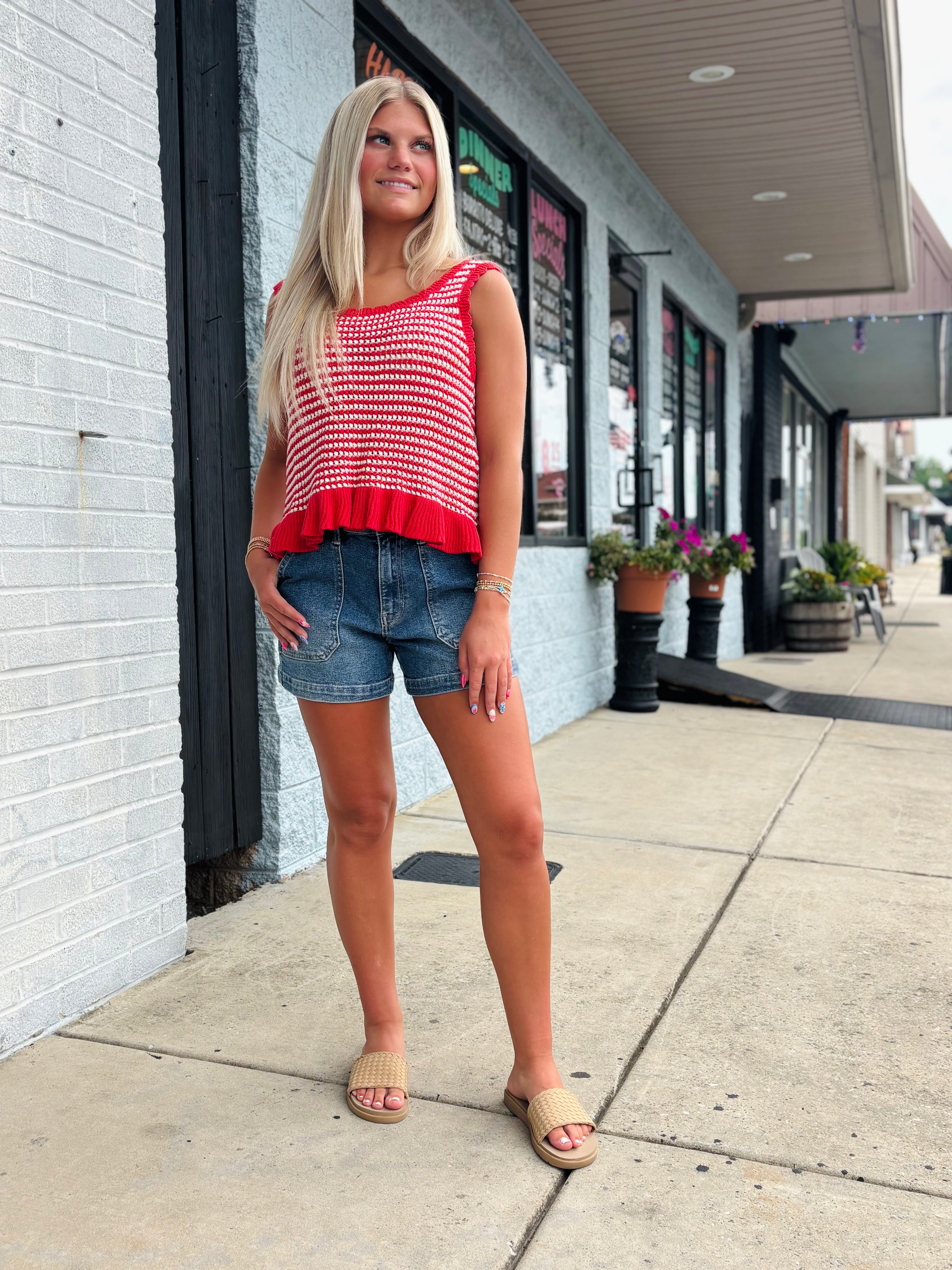 Red Ruffle Hem Stripe Sleeveless Knit Sweater Top