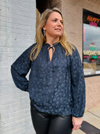 MIDNIGHT NAVY SPLIT NECK BLOUSE W/SELF TIE SMOCKING