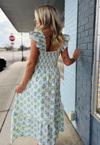 FLORAL TILE PATTERN SMOCKED SLEEVELESS MIDI DRESS: BLUE MULTI