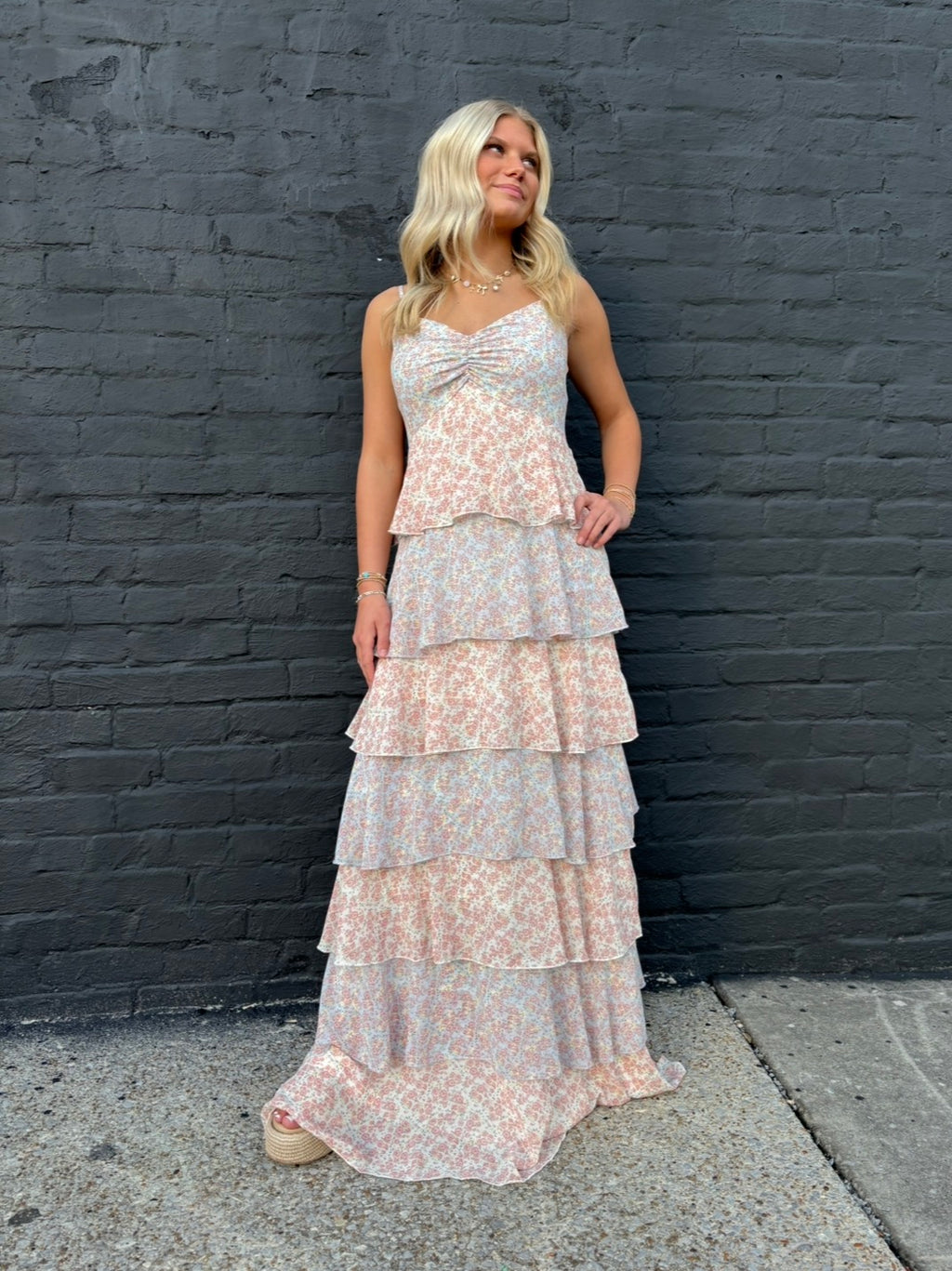 Pastel Multi Romantic Story Cascading Tiered Ruffle Smocked Maxi Dress