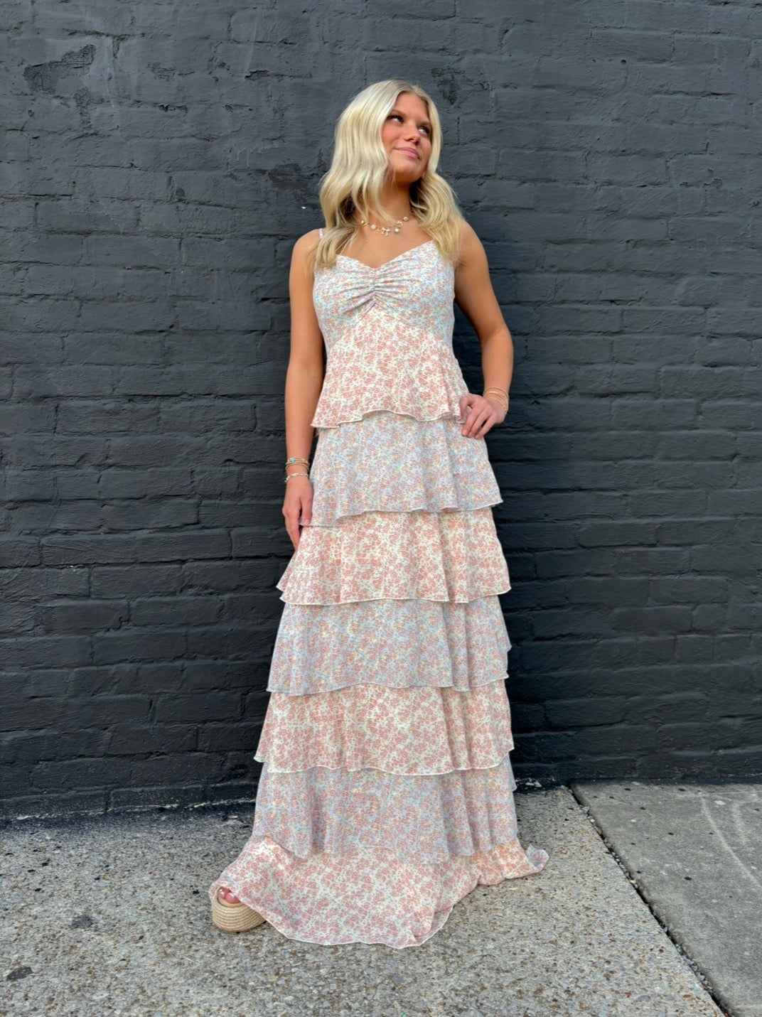 Pastel Multi Romantic Story Cascading Tiered Ruffle Smocked Maxi Dress