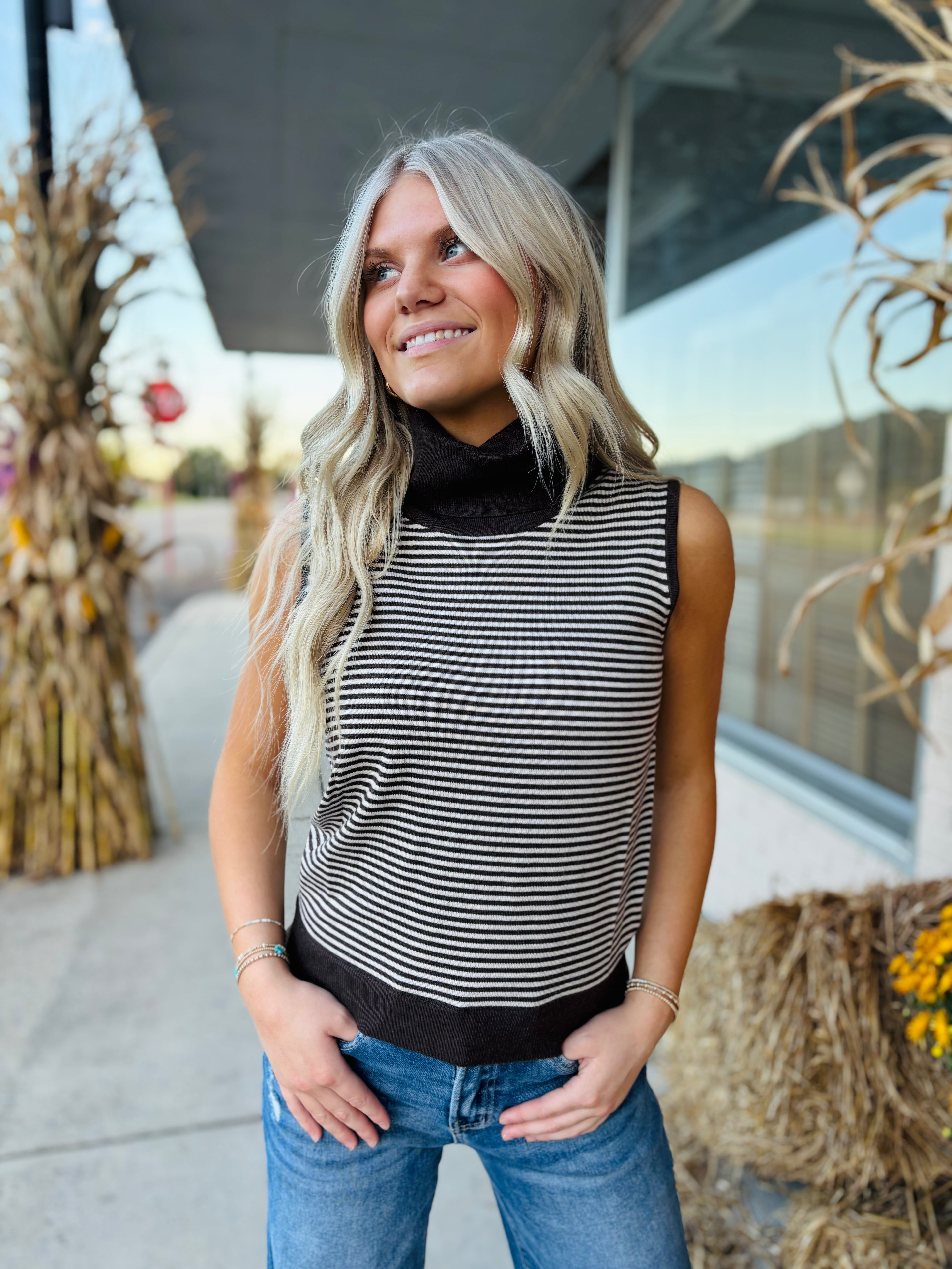 BROWN STRIPED TURTLENECK SLLEVELESS SWEATER VEST