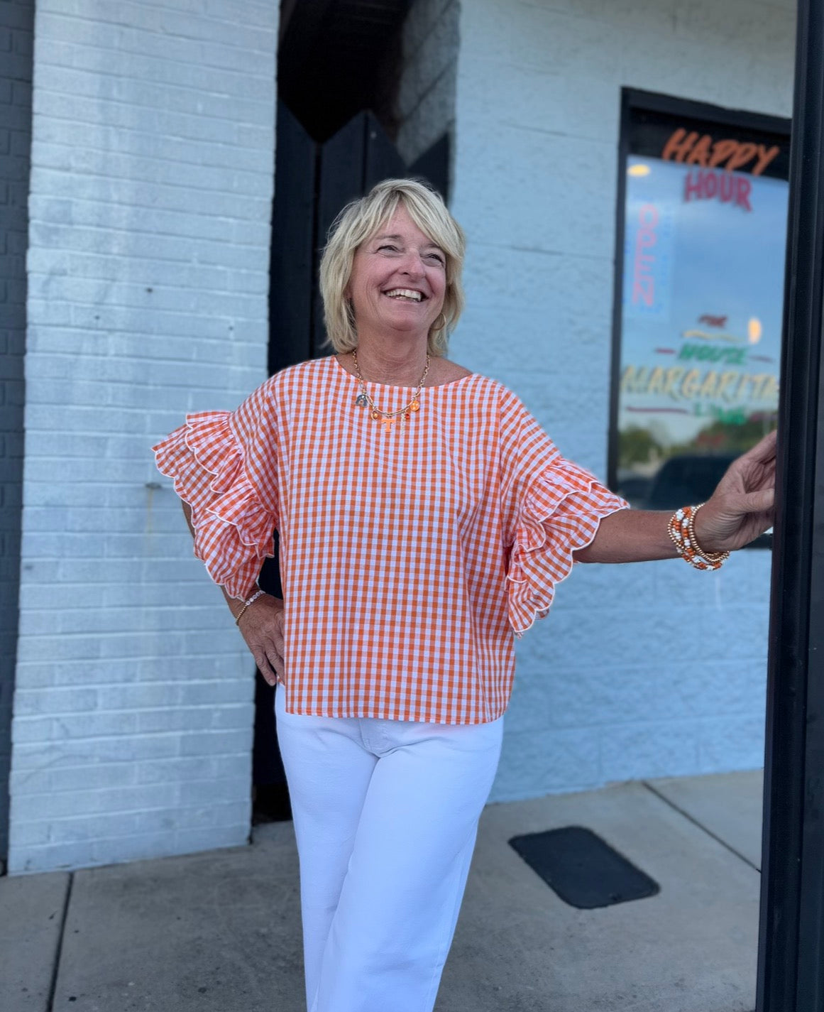 ORANGE Charming Gingham Scallop Edge Wild Ruffle TOP