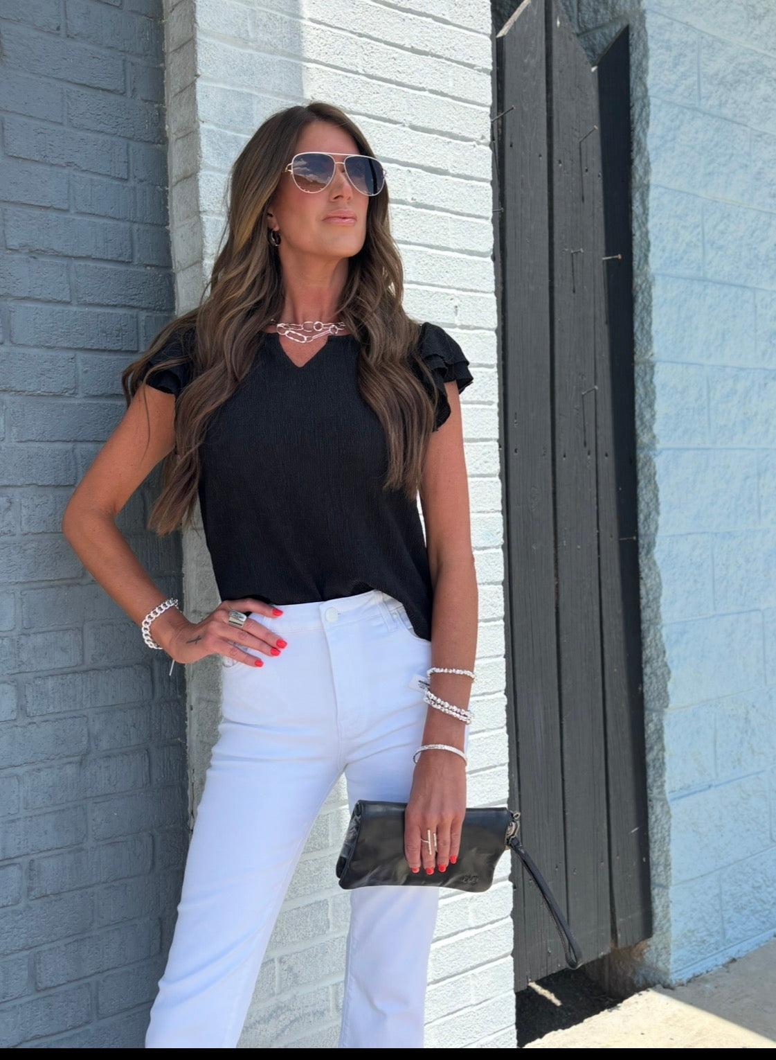 BLACK LADIES KNITTED TOP w/ RUFFLE SLEEVE