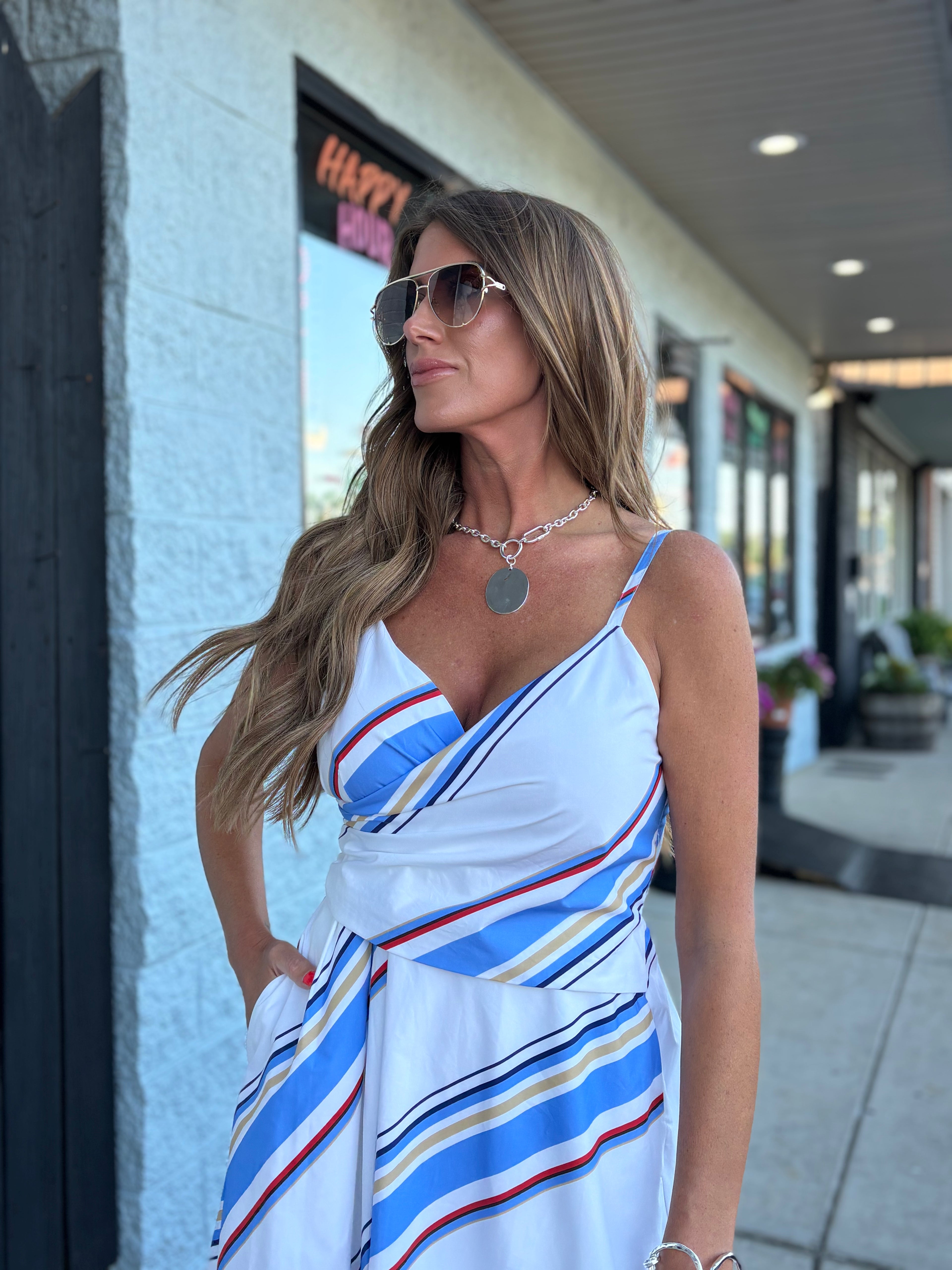 Blue/Red multi Stripe Wrap Detail Midi Dress: