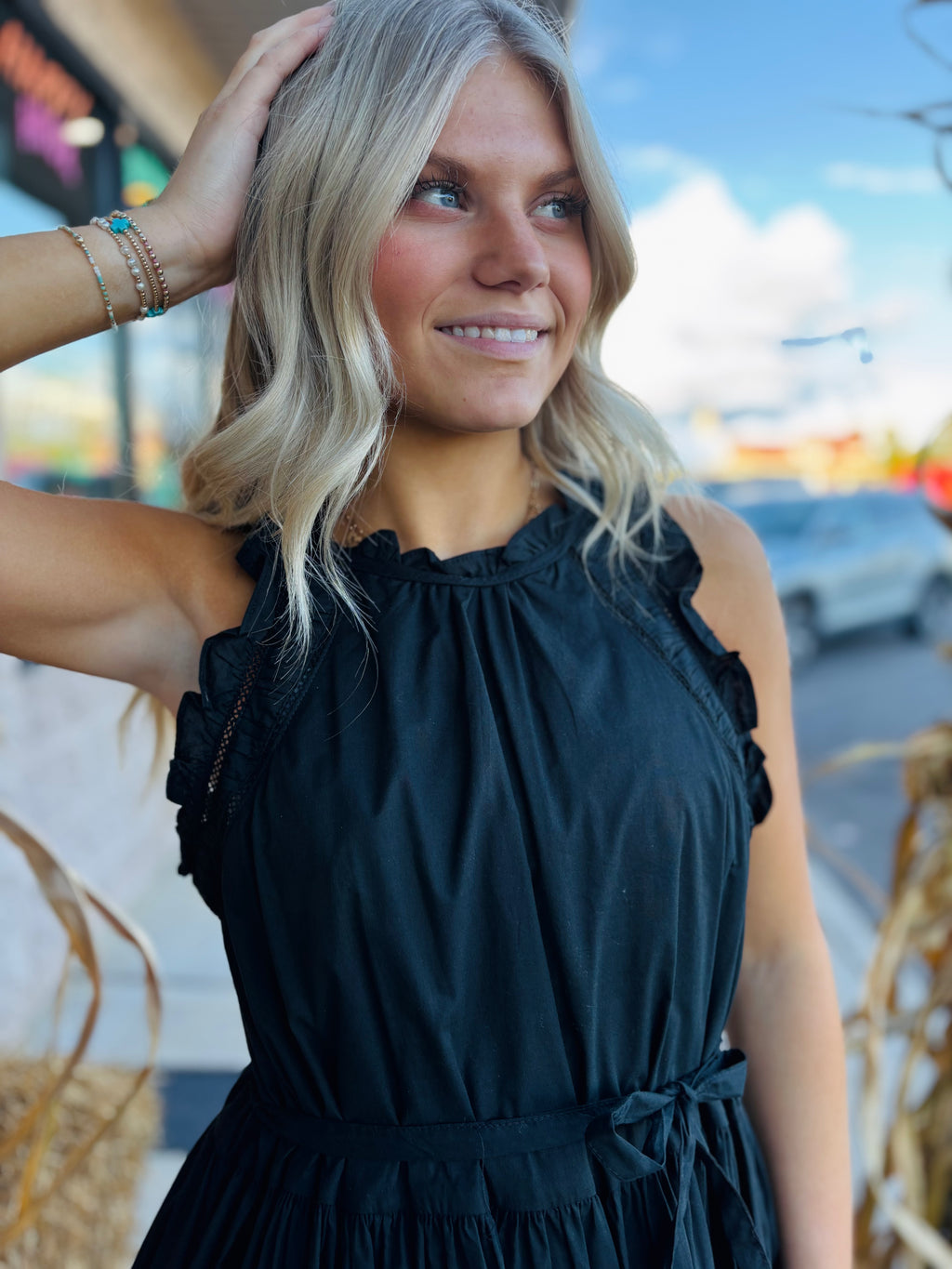 SKIES ARE BLUE BLACK POPLIN RUFFLE SLVE DRESS XS