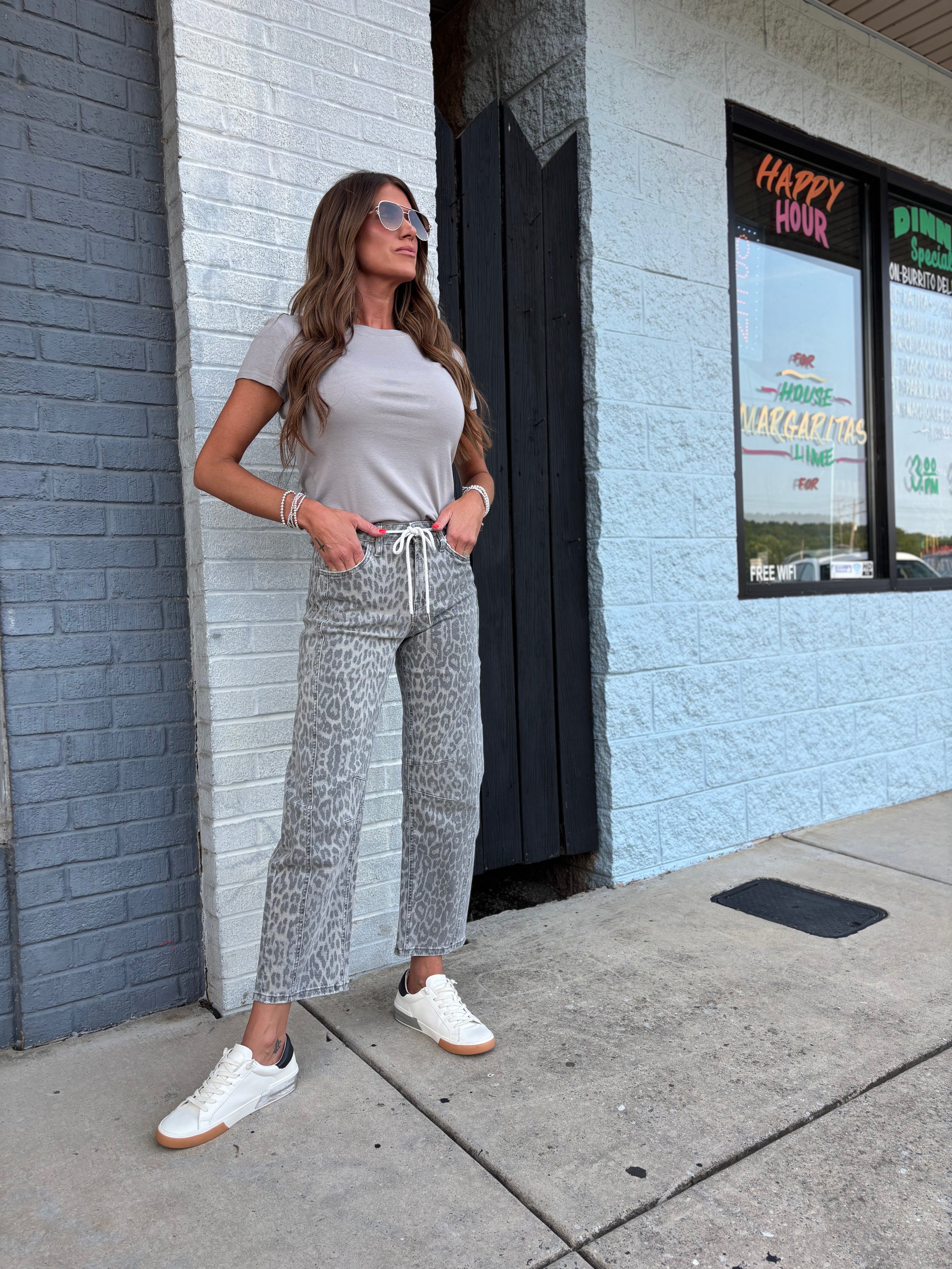 High Rise Drawstring Grey Leopard Barrel Jeans