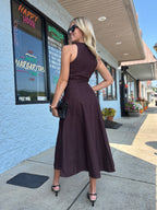 BURGUNDY SLEEVELESS A-LINE MIDI DRESS