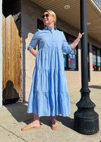 Striped Poplin Collared ¾ Sleeve Tiered Button Up Maxi Dress