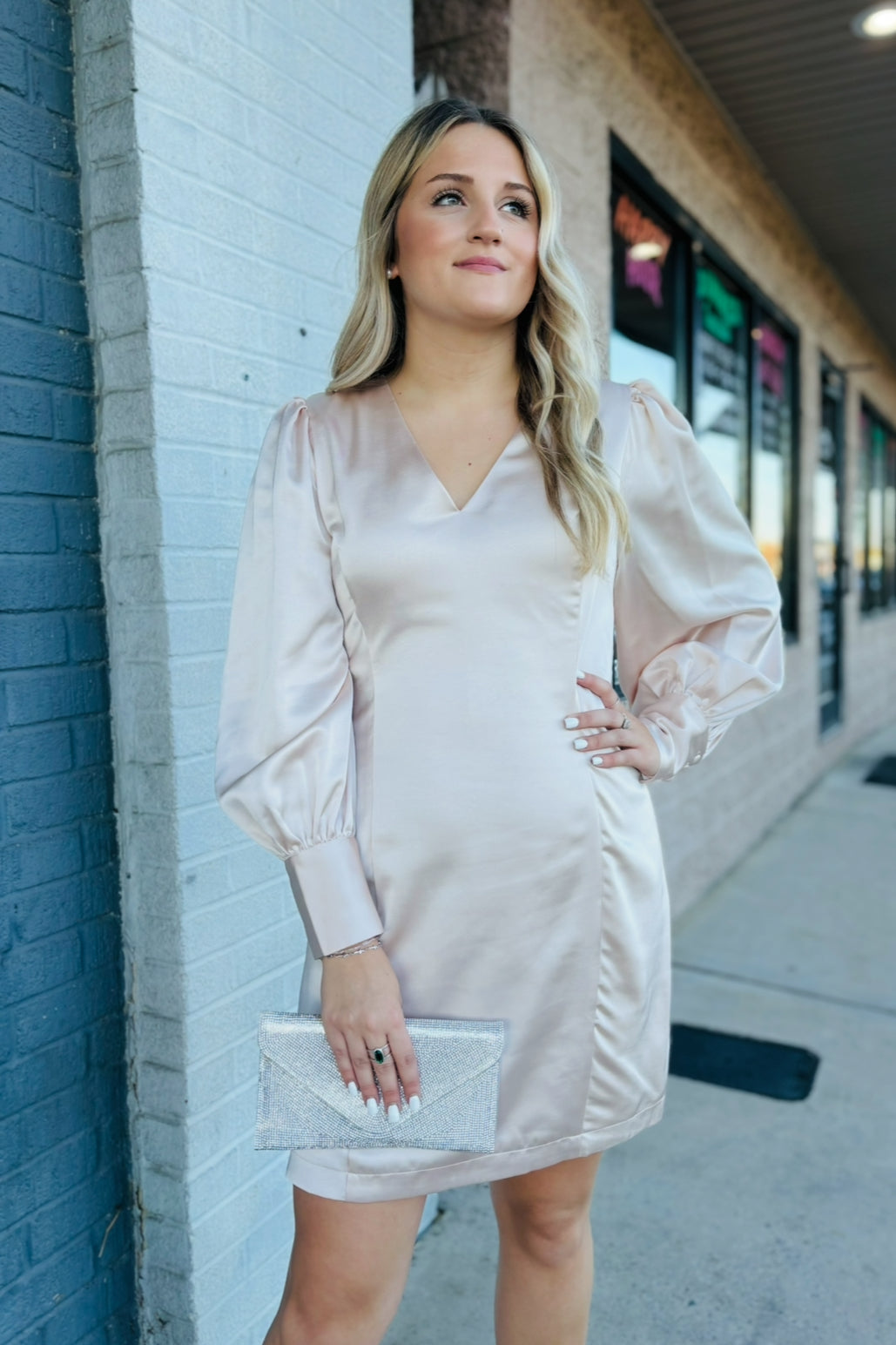 OYSTER SATIN V-NECK MINI DRESS