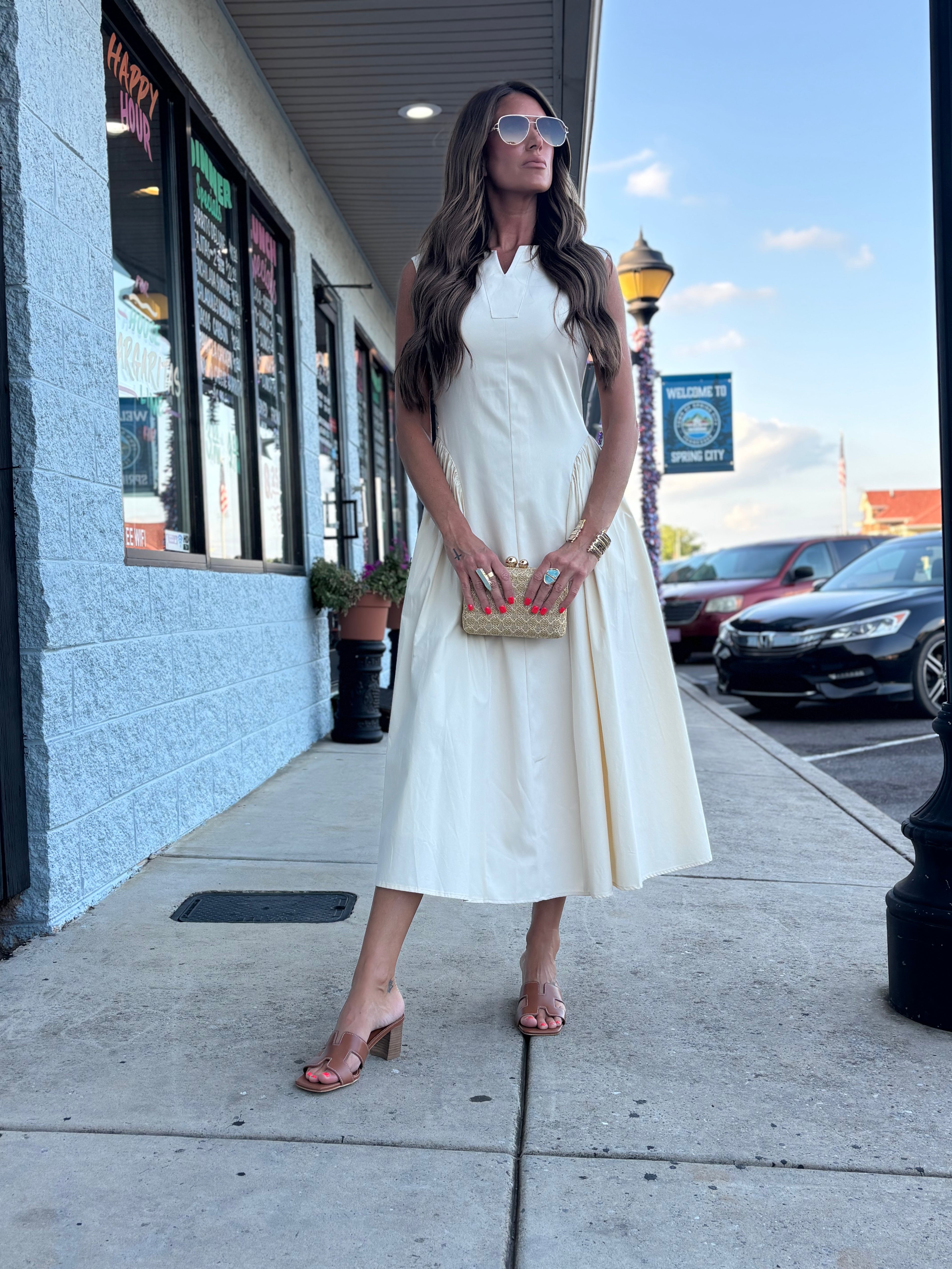 CREAM CLASSY PLEATED DRESS