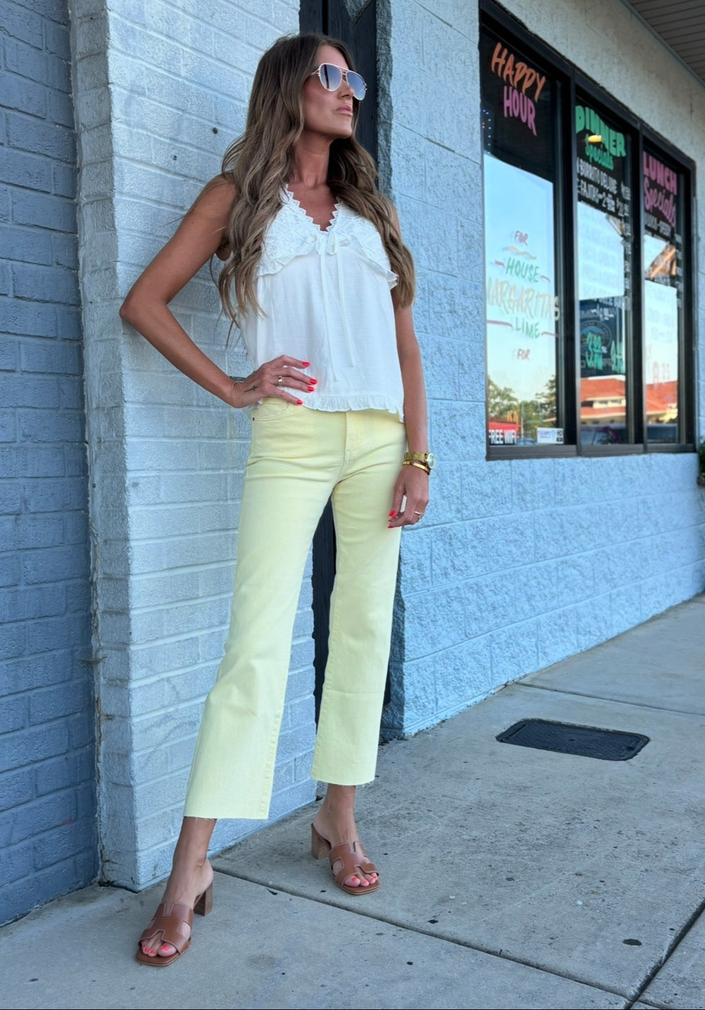 KUT Pastel Yellow KELSEY HIGH RISE ANKLE FLARE WITH RAW HEM