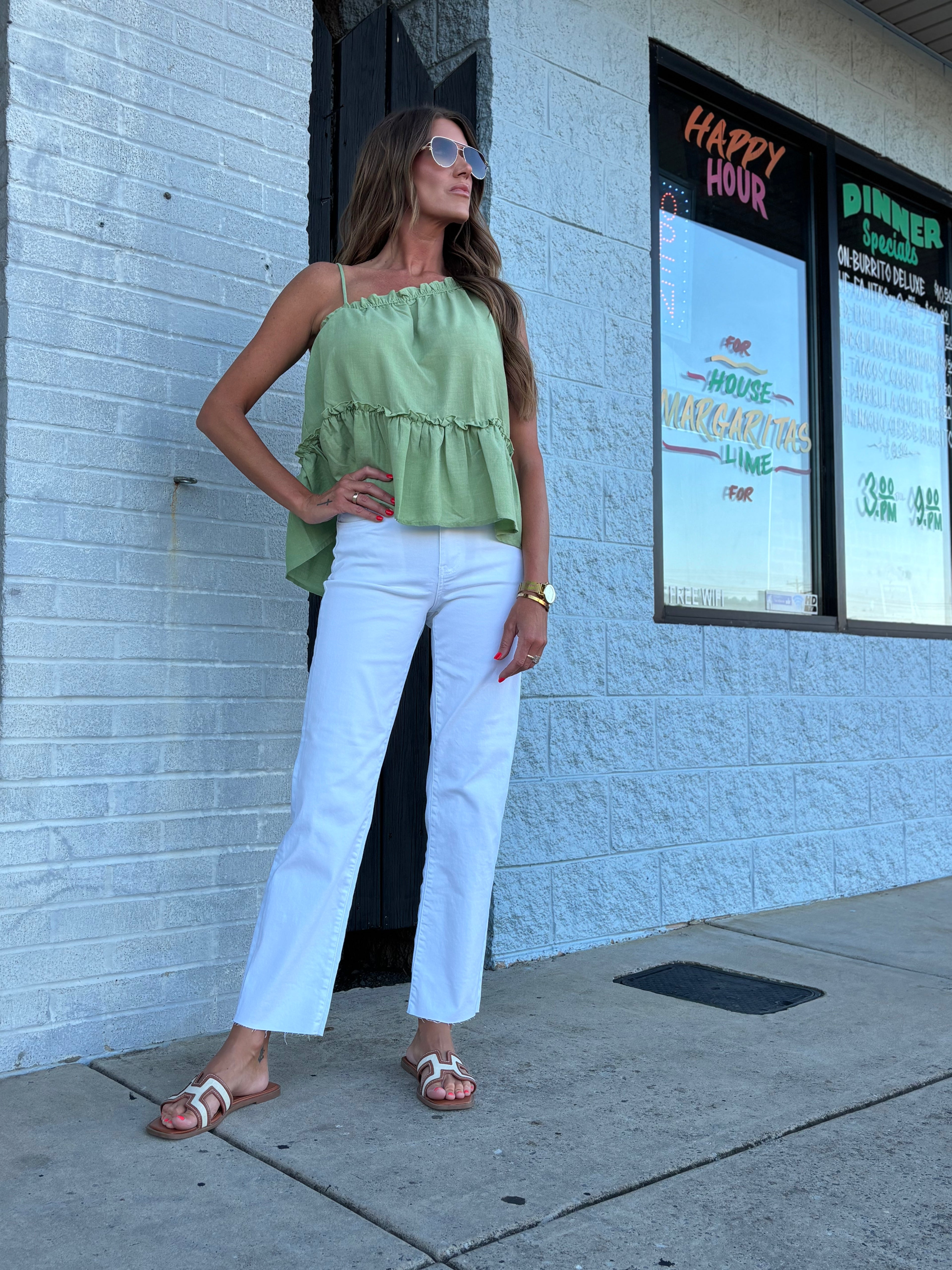 Green One Shoulder Ruffled Babydoll Tank Top