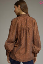 BRONZE POLKA DOT TOP w/button details and sheer arm