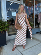 Mocha/white Abstract Stripe Cowl Neck Scarf Maxi Dress