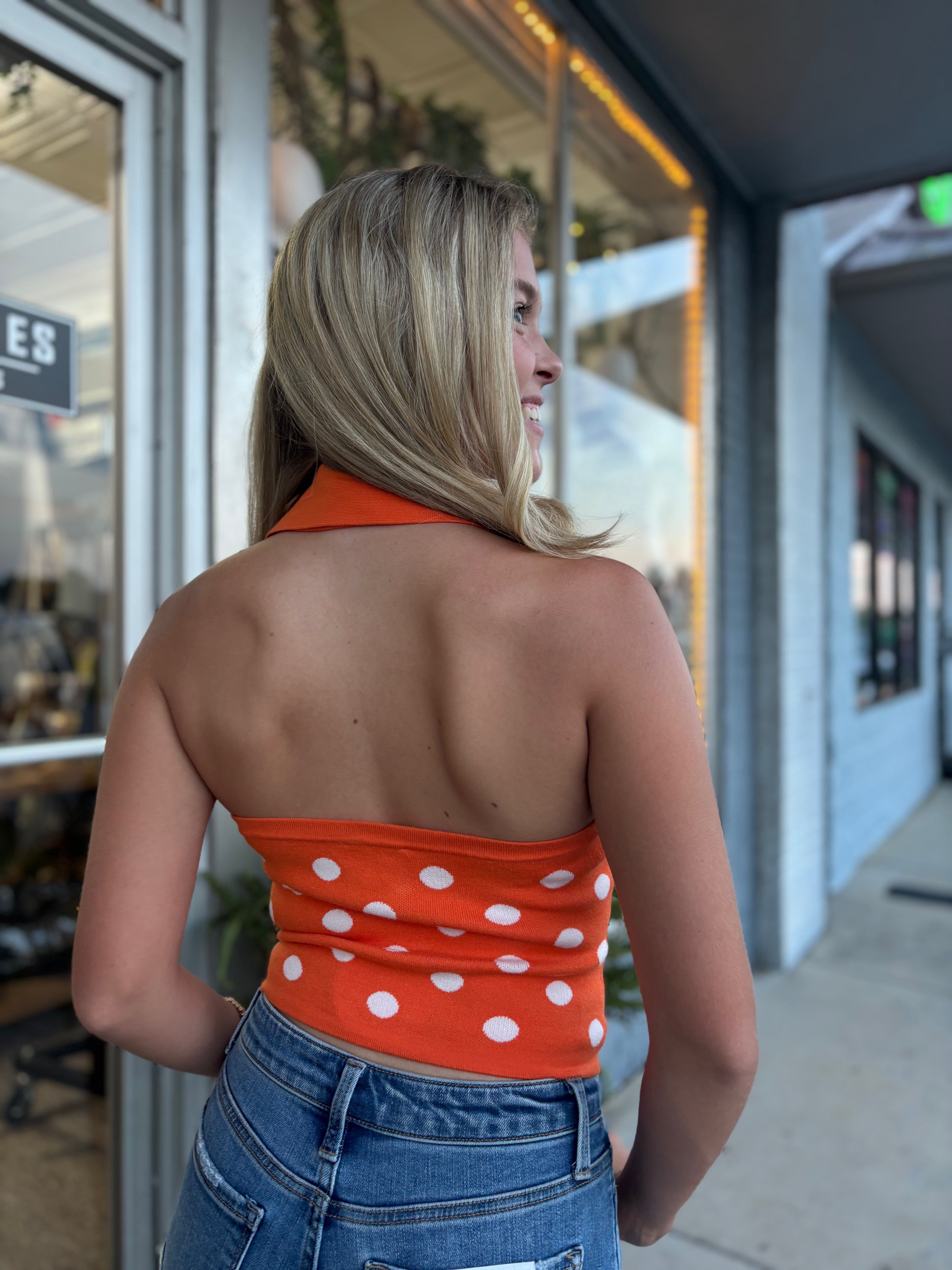 Orange White Dot V-NECK HALTER POLKA DOT KNIT SWEATER TOP