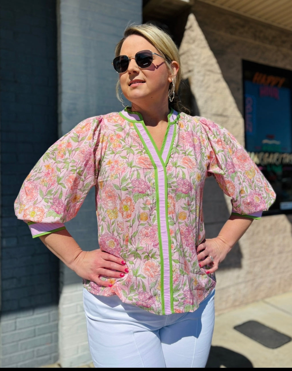 Lt  Pink Floral 3/4 Puff Sleeve Top