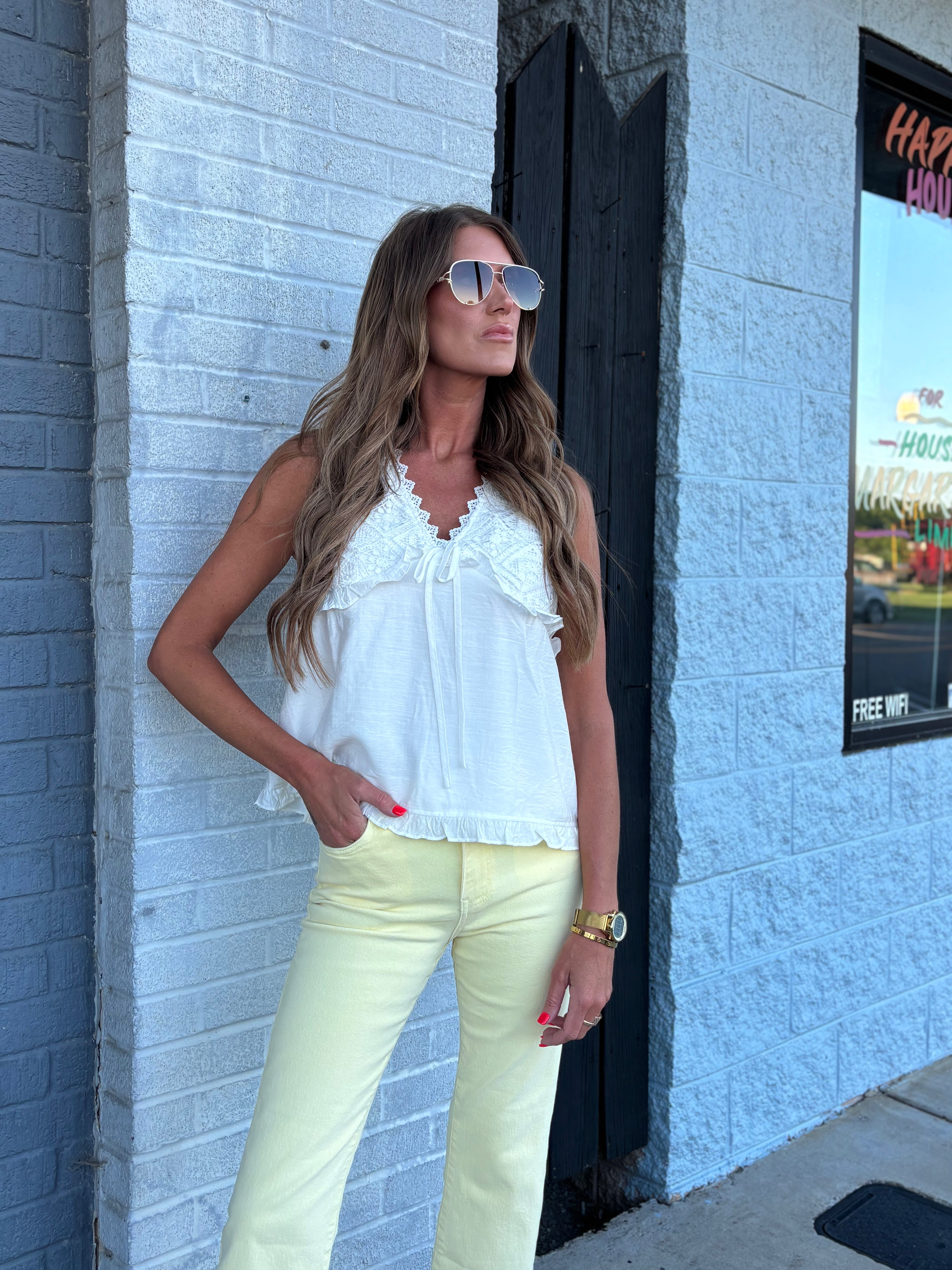 Optic White Sweet Feminine Textured Crochet V-neck Tank