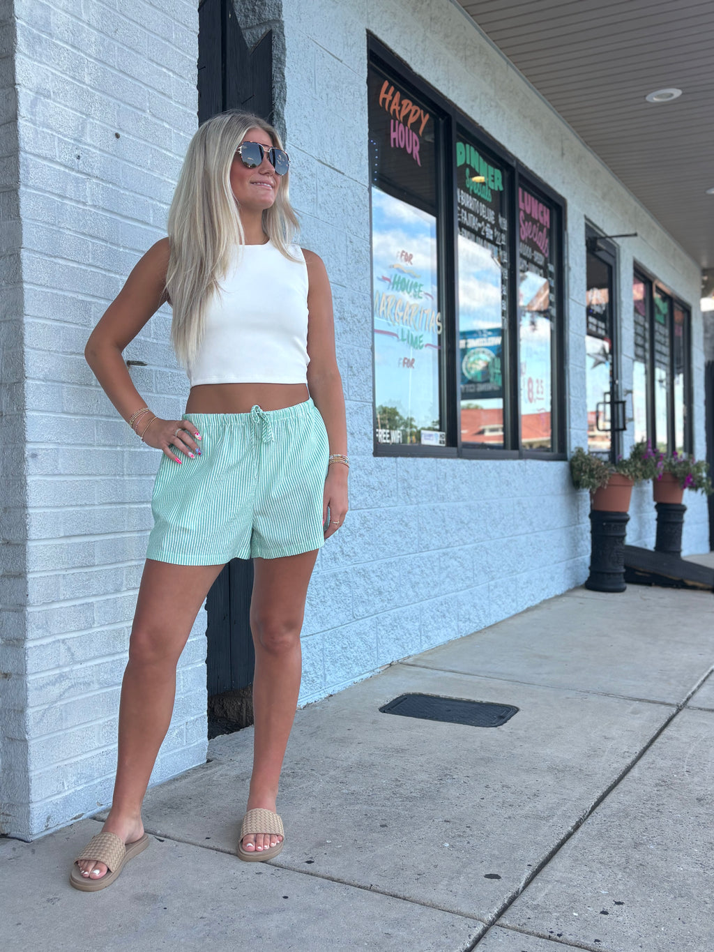 GREEN Striped Drawstring Waist Shorts