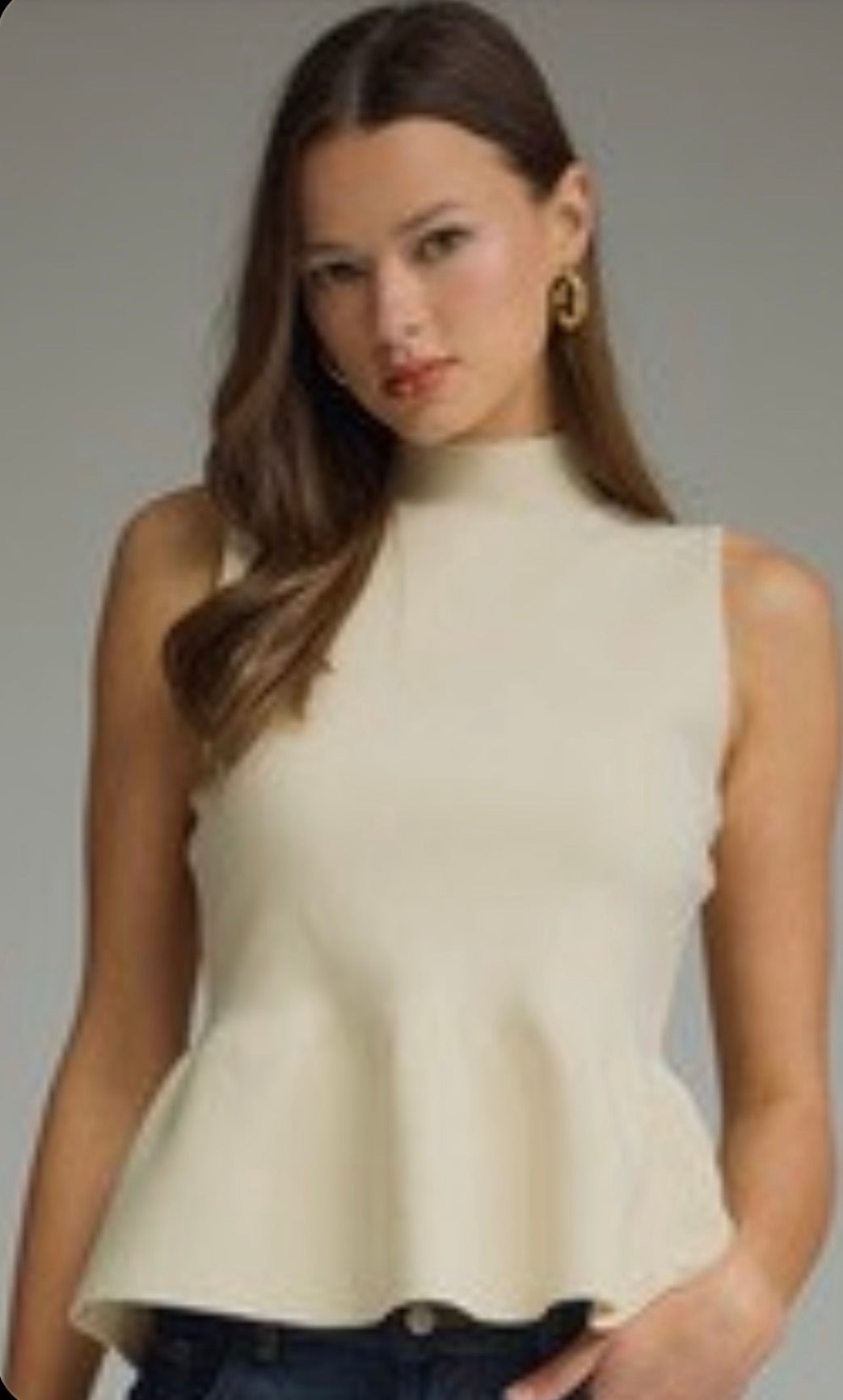 ECRU SLEEVELESS MOCK NECK PEPLUM TOP