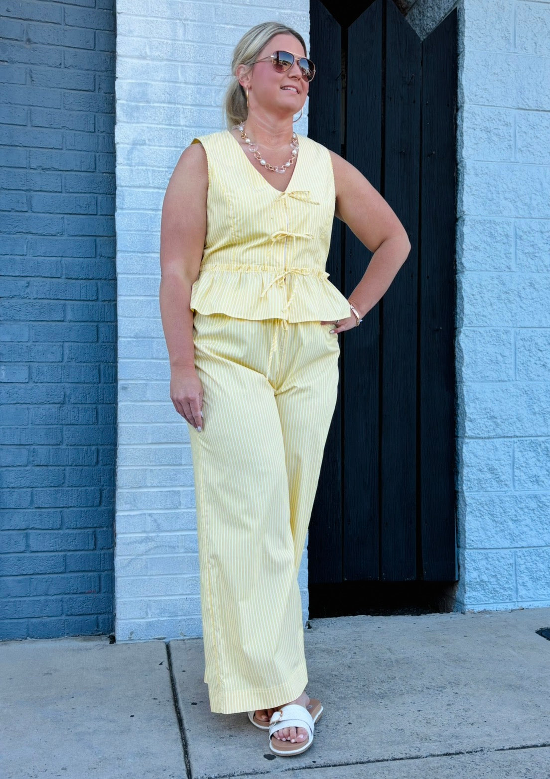 Yellow/White Stripe Double Waist Wide-Leg Pants