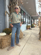 TAUPE/DUSTY TEAL Oversized Stripe Rugby Polo Top