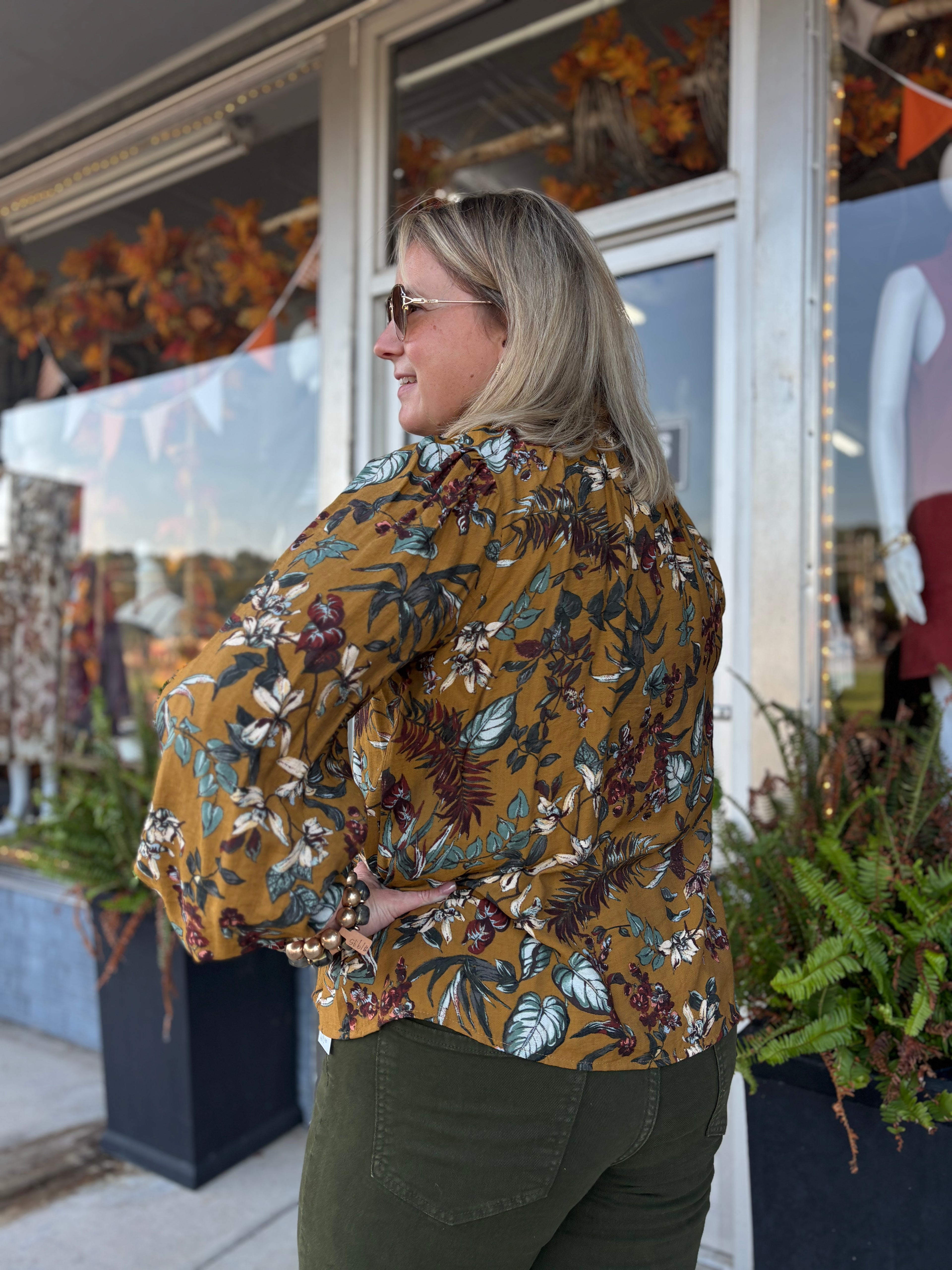 Floral Vine Print Blouse in Dark Mustard Multi – ODDI – view 4
