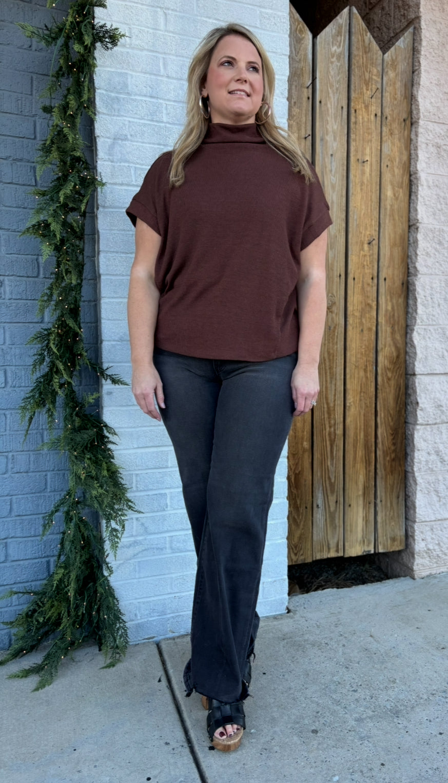 Brown Short Sleeve Mock Neck Blouse