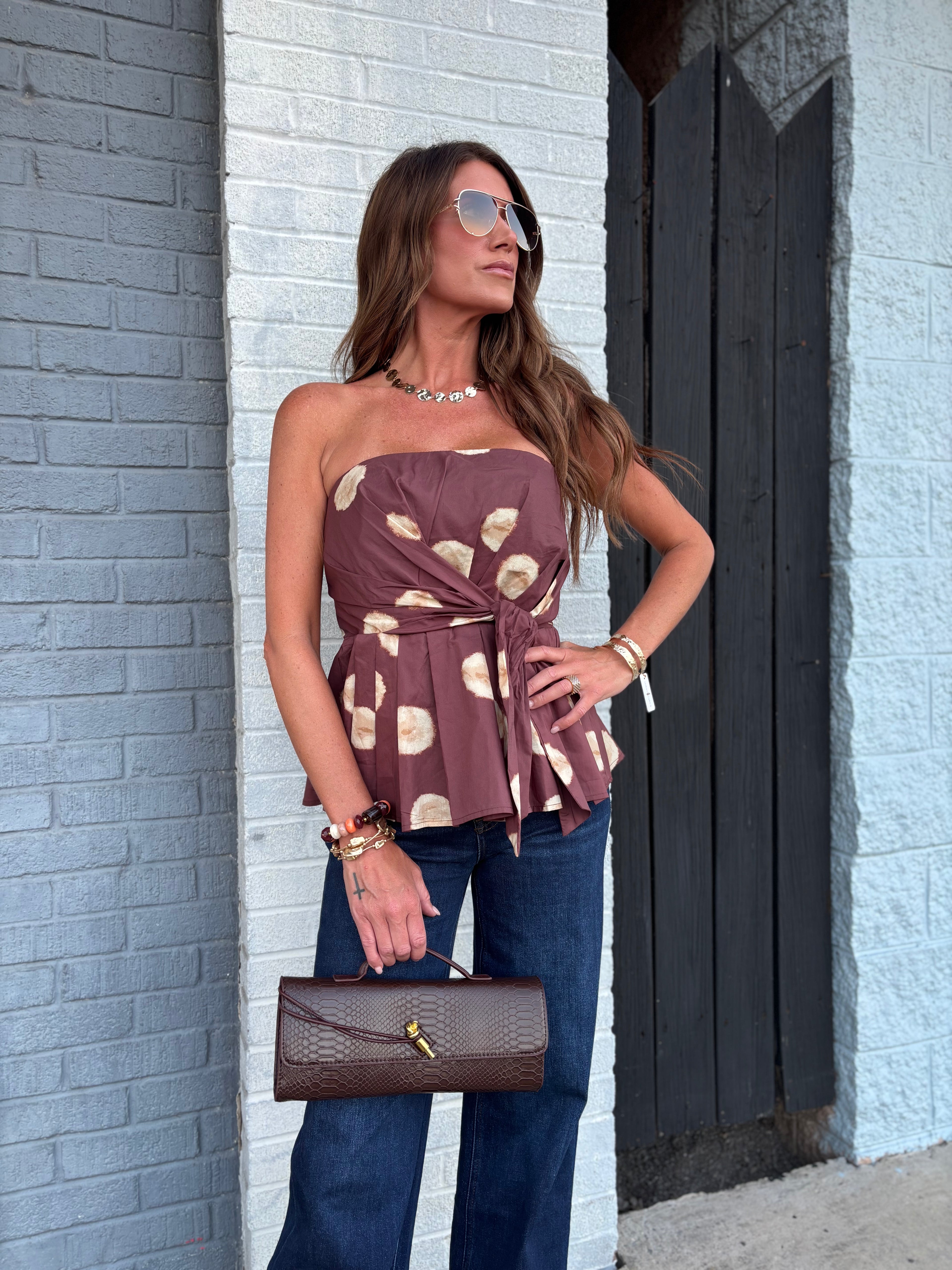 Brown Polka Dot Strapeless Top